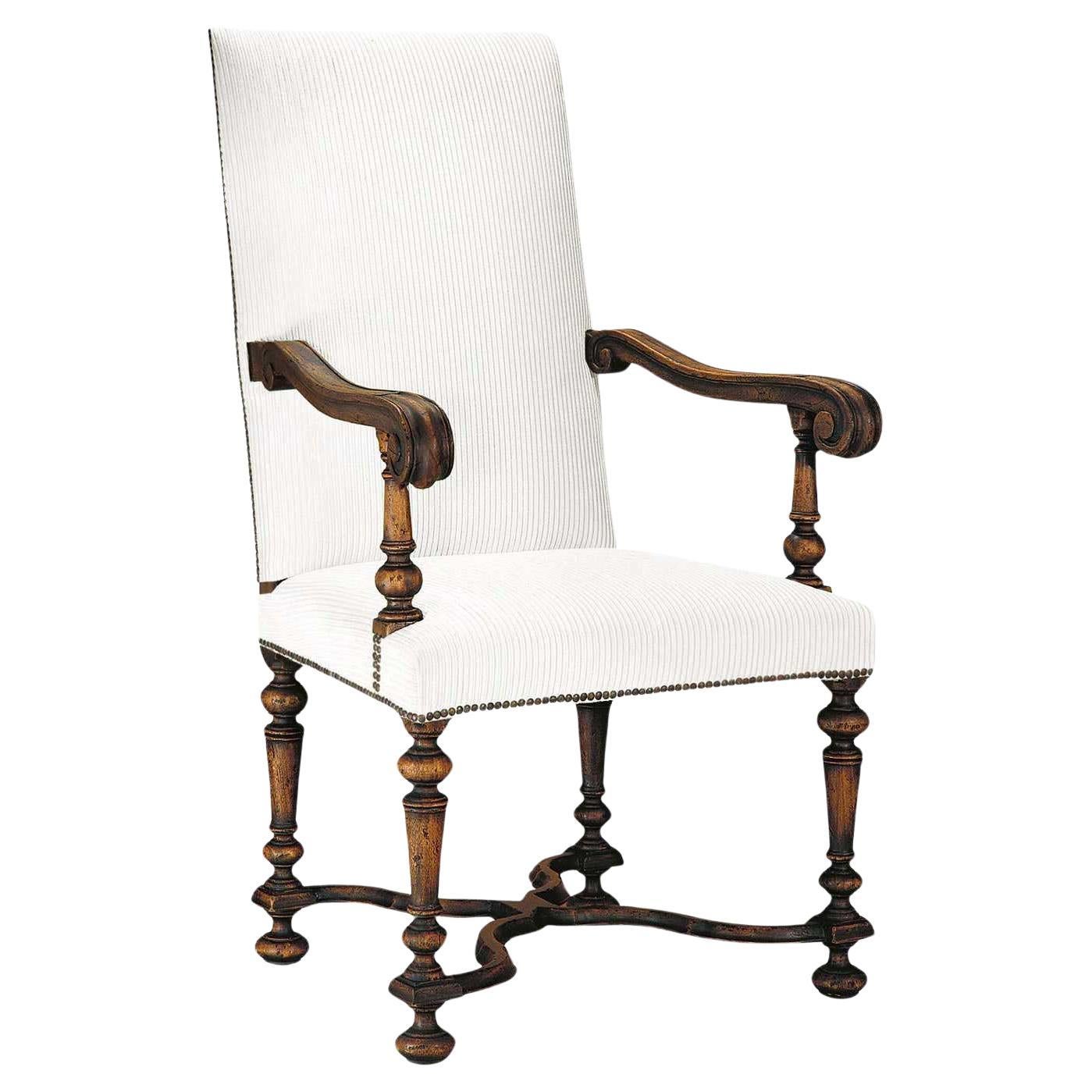 Flemish arm Chair w/ nailhead, turned legs & crosspiece typical from the 18th C For Sale