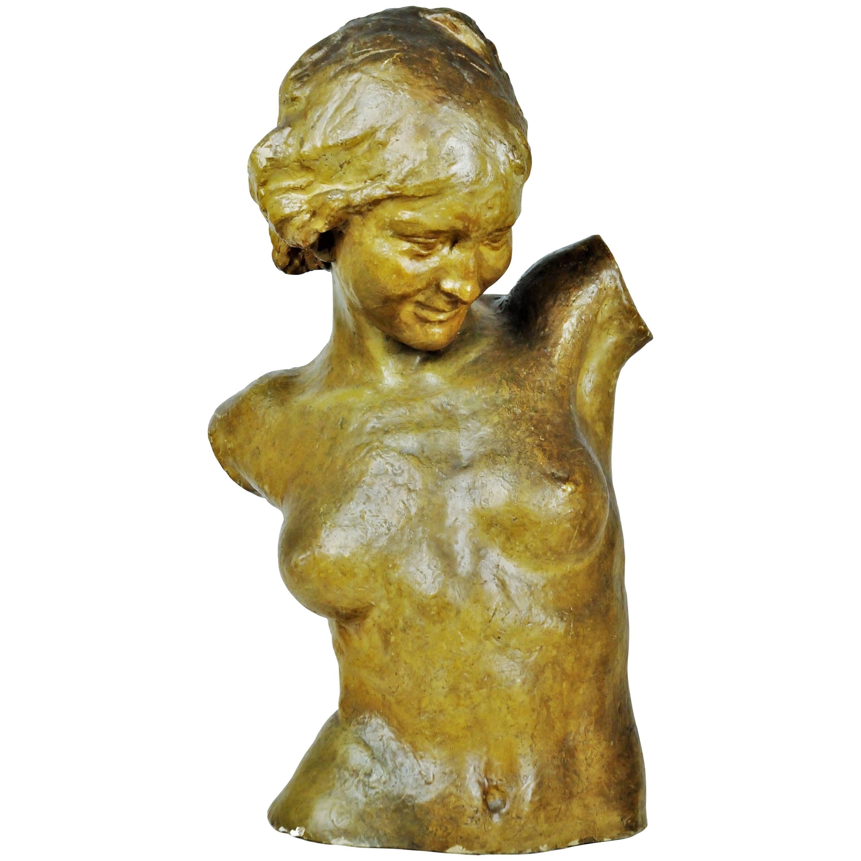 Flemish Art Nouveau, Female Torso, Terracotta Sculpture, 1900s