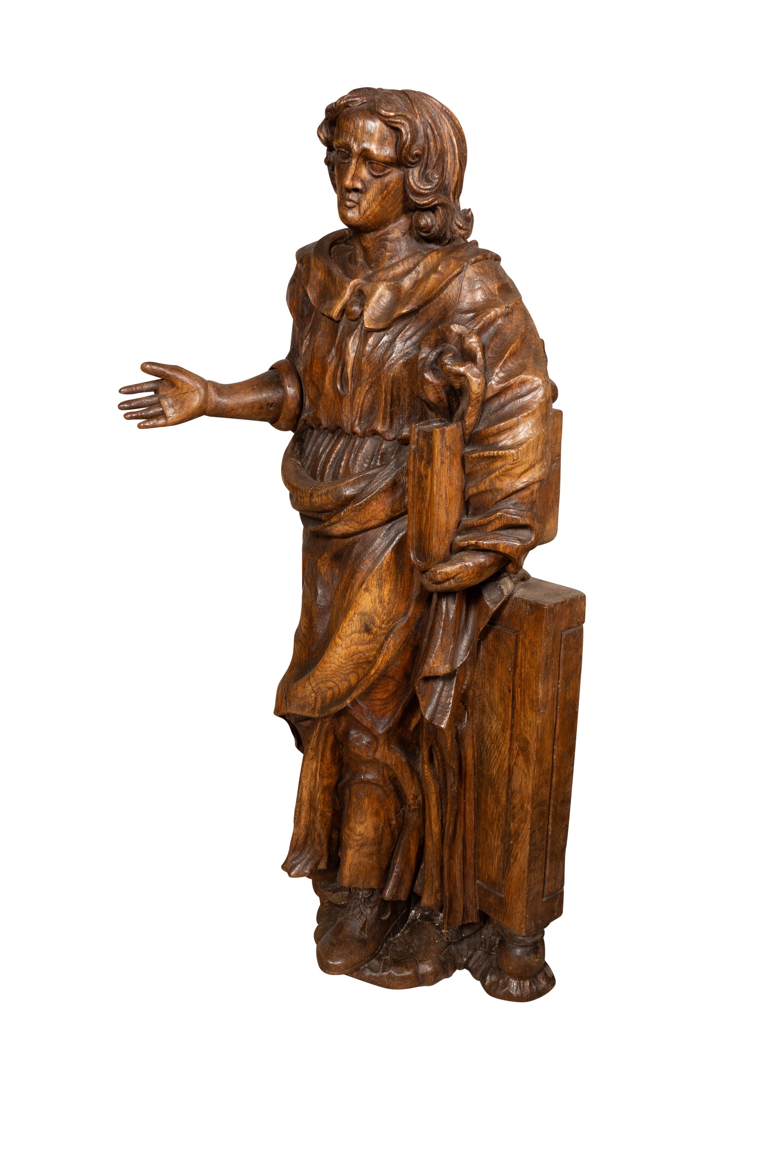 Metà XVII secolo Figura di studioso in Oak intagliata in stile barocco fiammingo in vendita