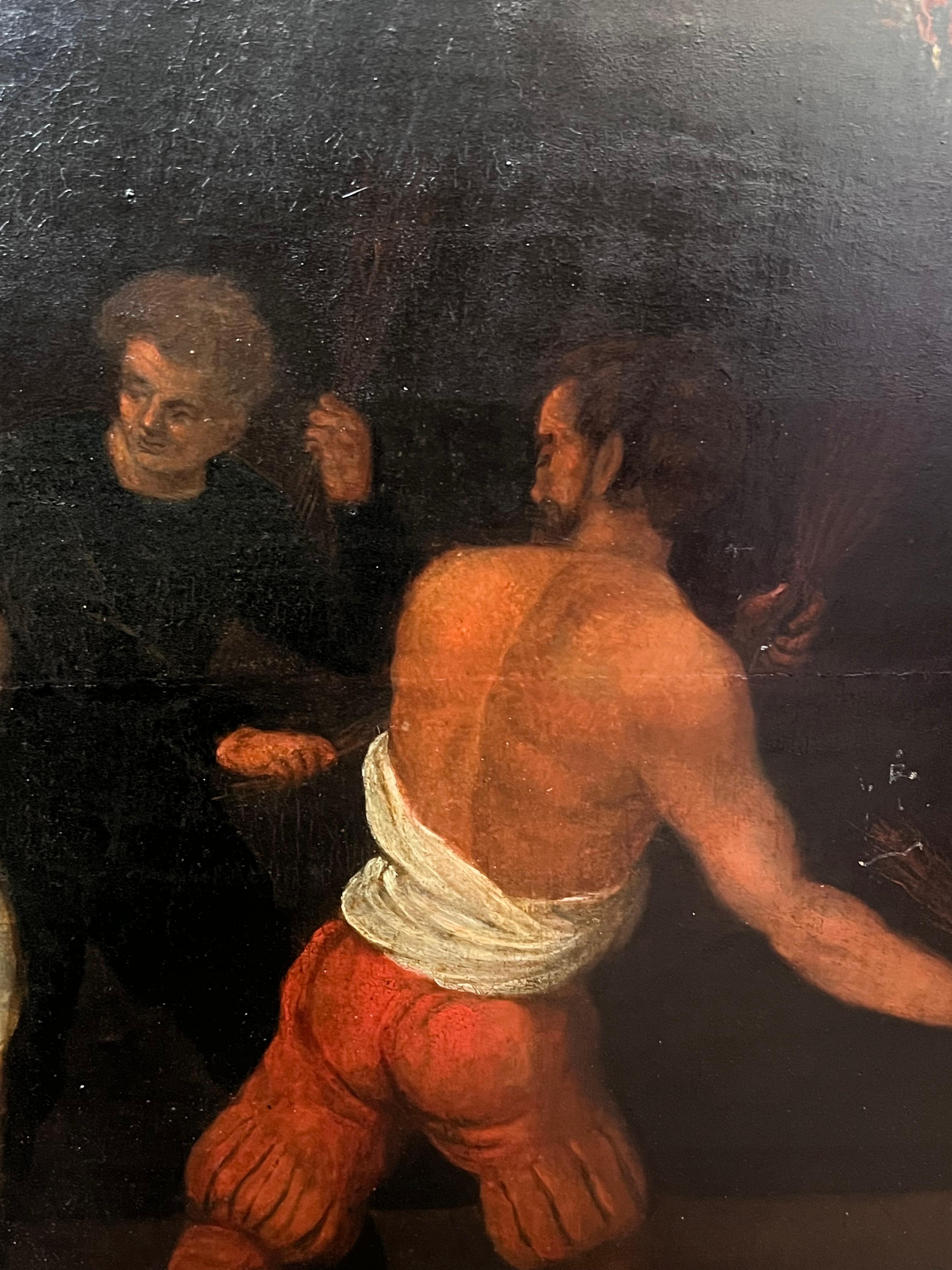 Olio antico barocco fiammingo del XVII secolo su pannello Flagellazione di Cristo - Painting di Flemish Baroque