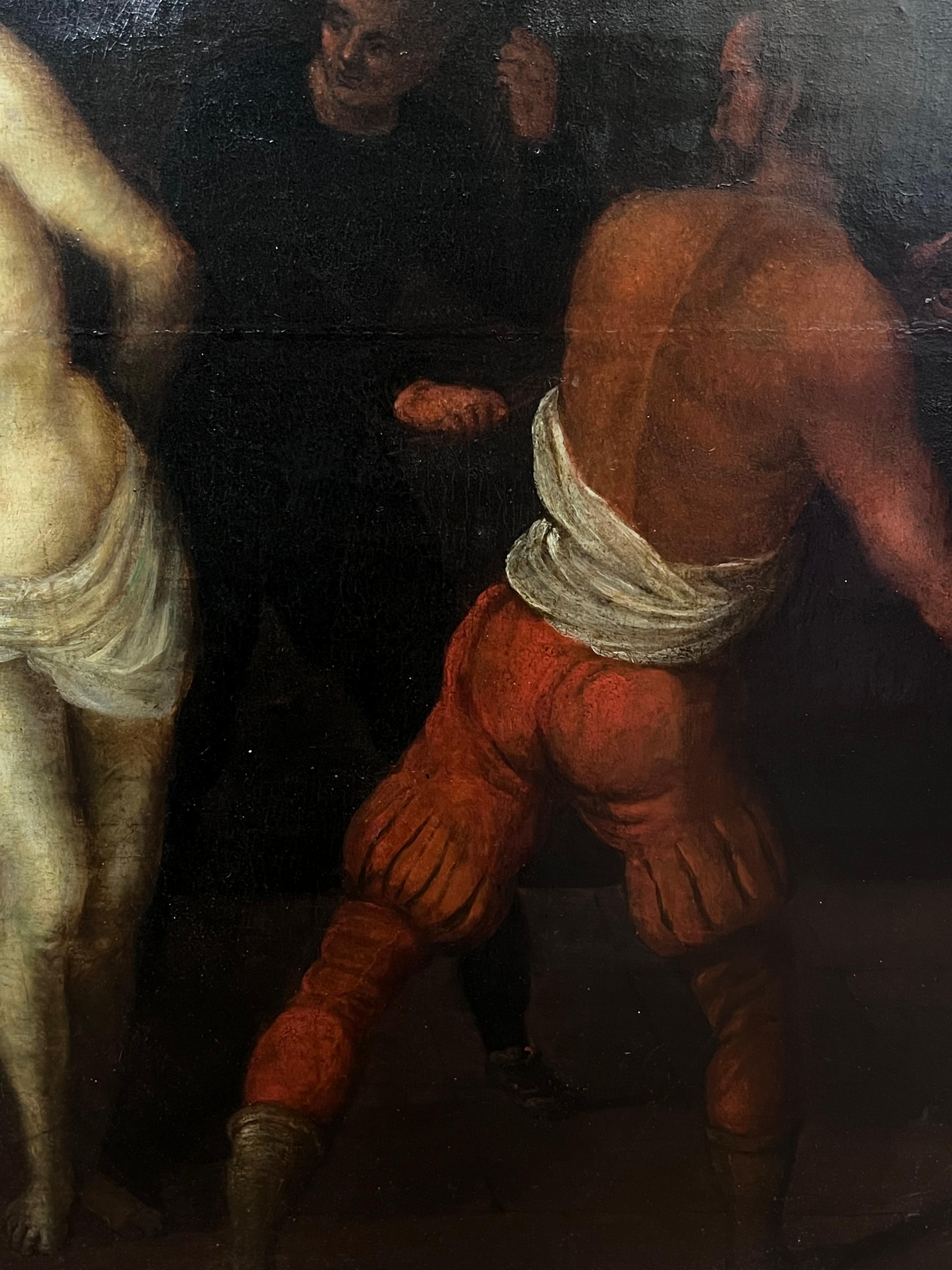 Olio antico barocco fiammingo del XVII secolo su pannello Flagellazione di Cristo - Painting Barocco di Flemish Baroque