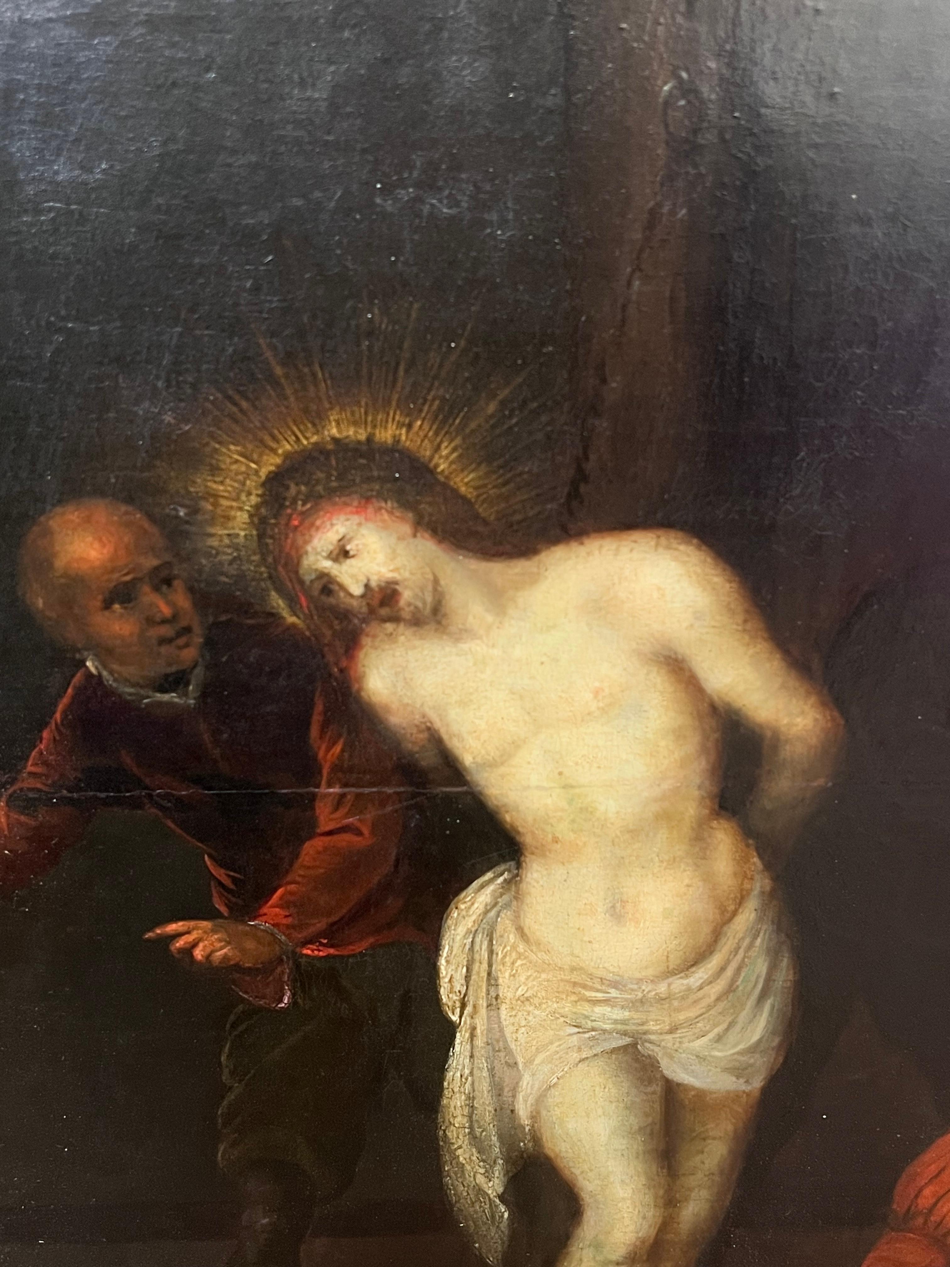 Olio antico barocco fiammingo del XVII secolo su pannello Flagellazione di Cristo - Portrait Painting Nero di Flemish Baroque