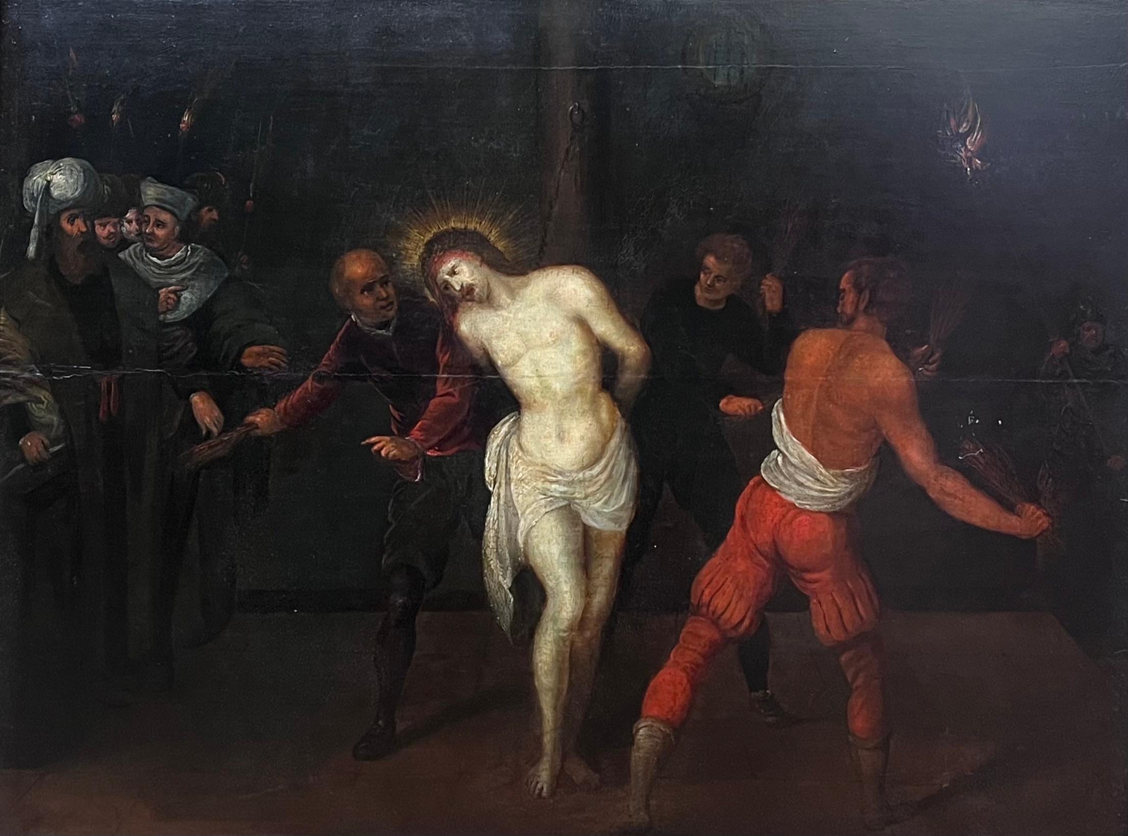 La flagellazione di Cristo
Barocco fiammingo, XVII secolo
olio su pannello di legno, incorniciato 
incorniciato: 31 x 42 pollici
pannello di legno: 19,5 x 26 pollici
Provenienza: collezione privata, Valle della Loira, Francia
Condit: ottime