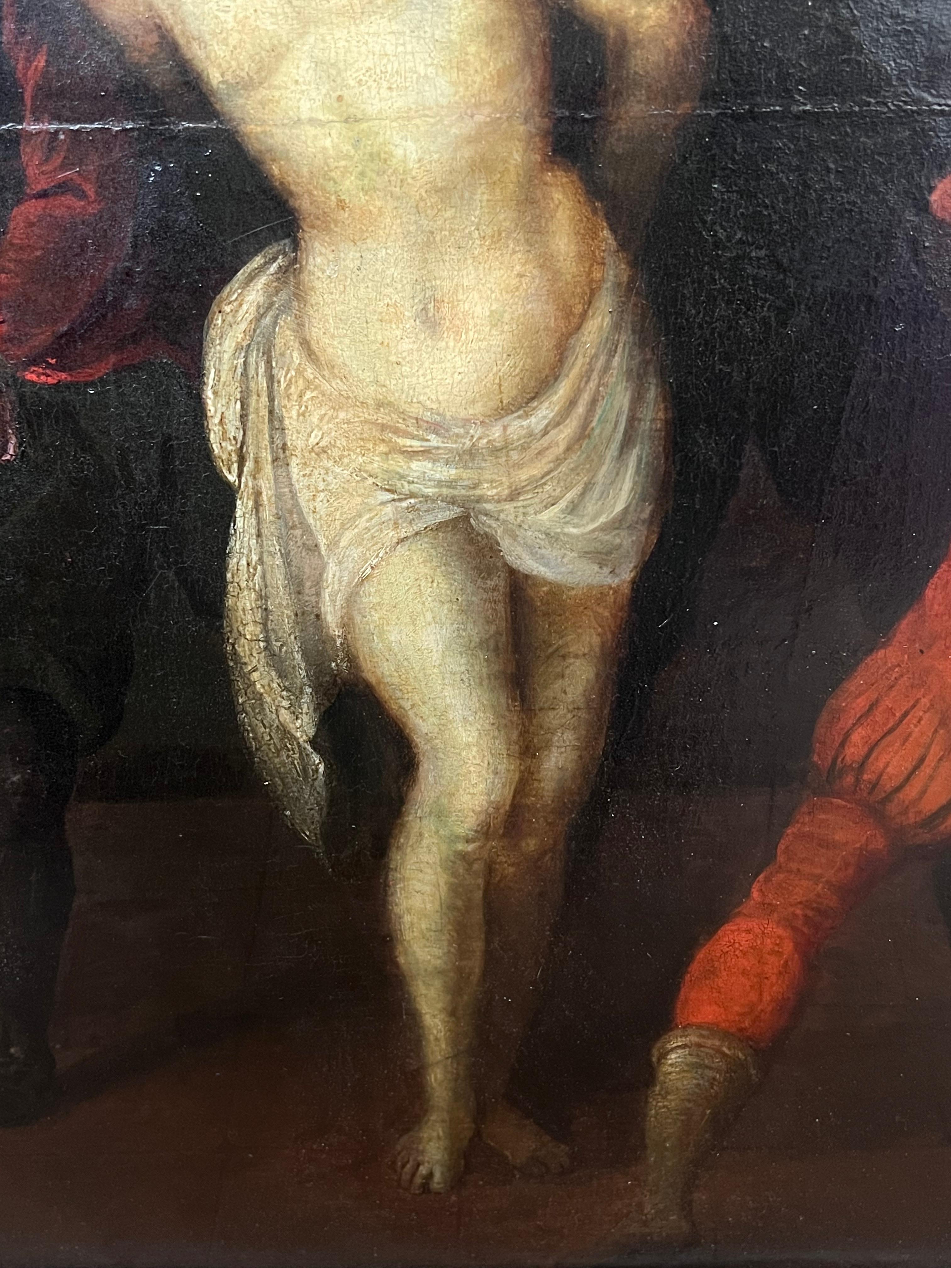 Olio antico barocco fiammingo del XVII secolo su pannello Flagellazione di Cristo in vendita 3