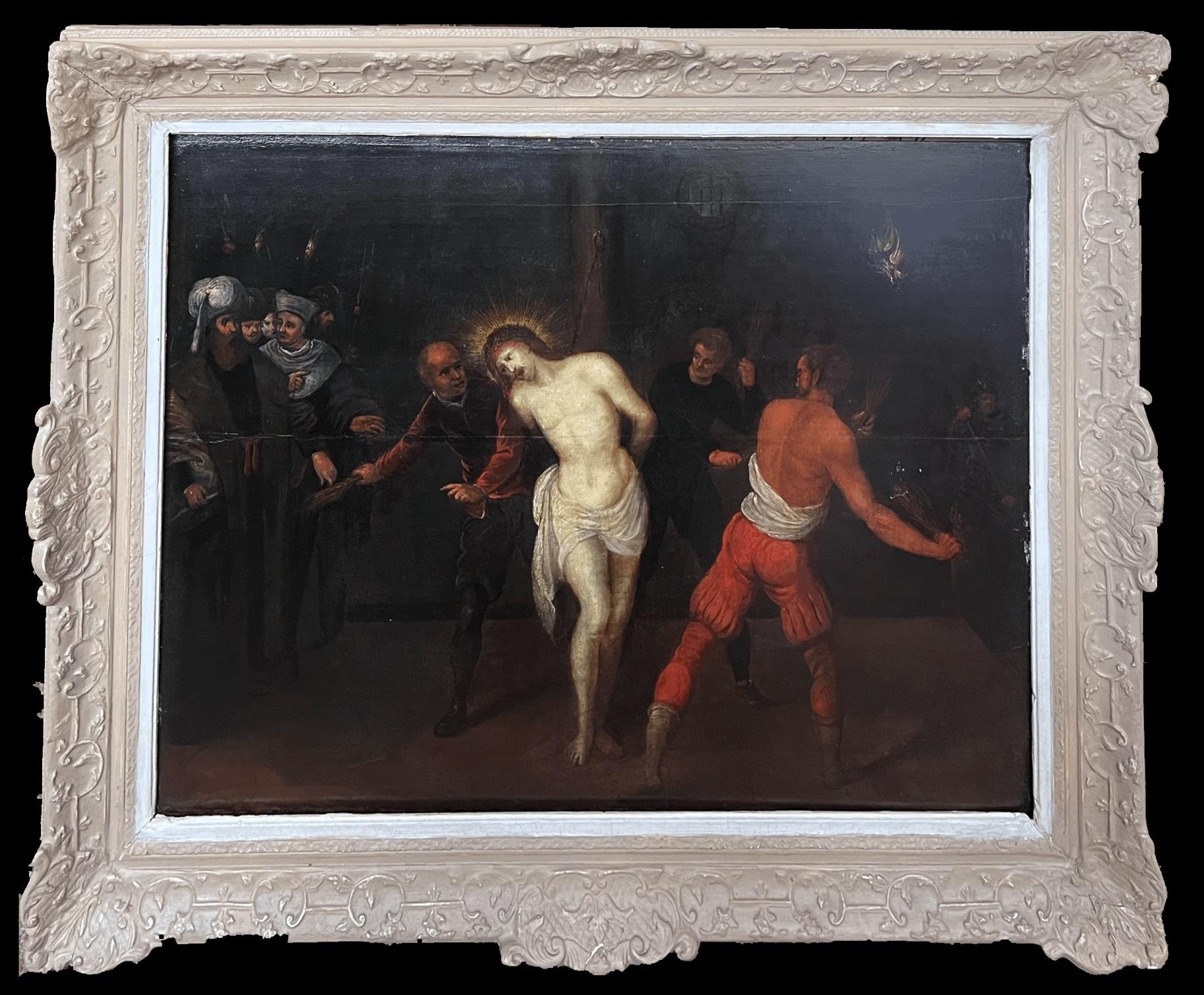 Olio antico barocco fiammingo del XVII secolo su pannello Flagellazione di Cristo