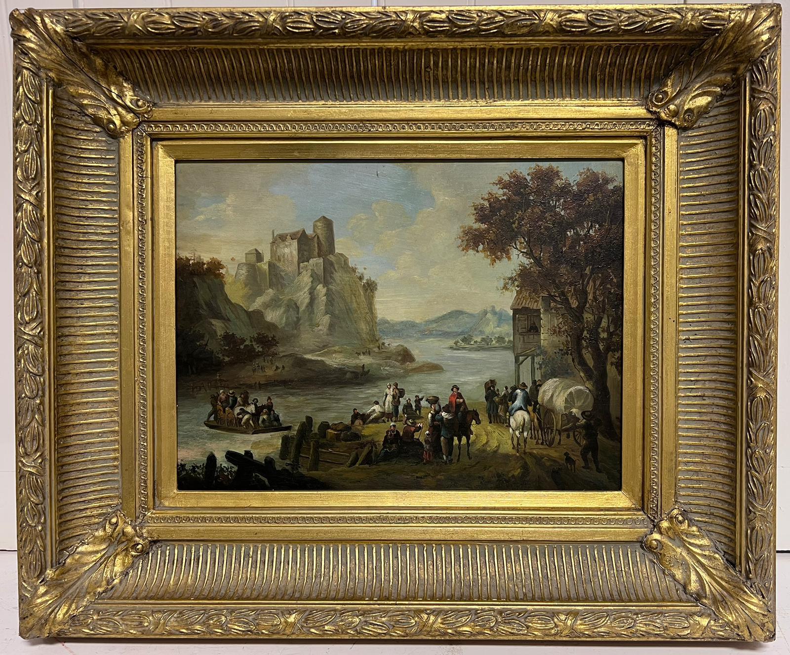 Figuren in altertümlicher Seelandschaft Berglandschaft Flämisches Ölgemälde auf Tafel – Painting von Flemish Baroque