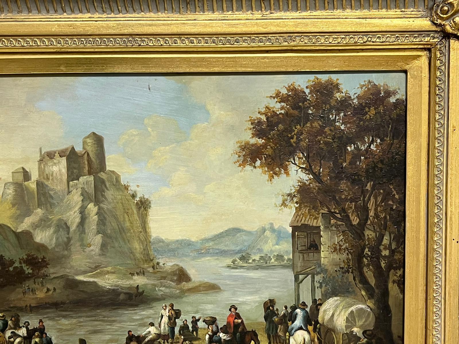 Figures in Ancient Lake Landscape Mountain Scene Flemish Oil Painting on Panel For Sale 2