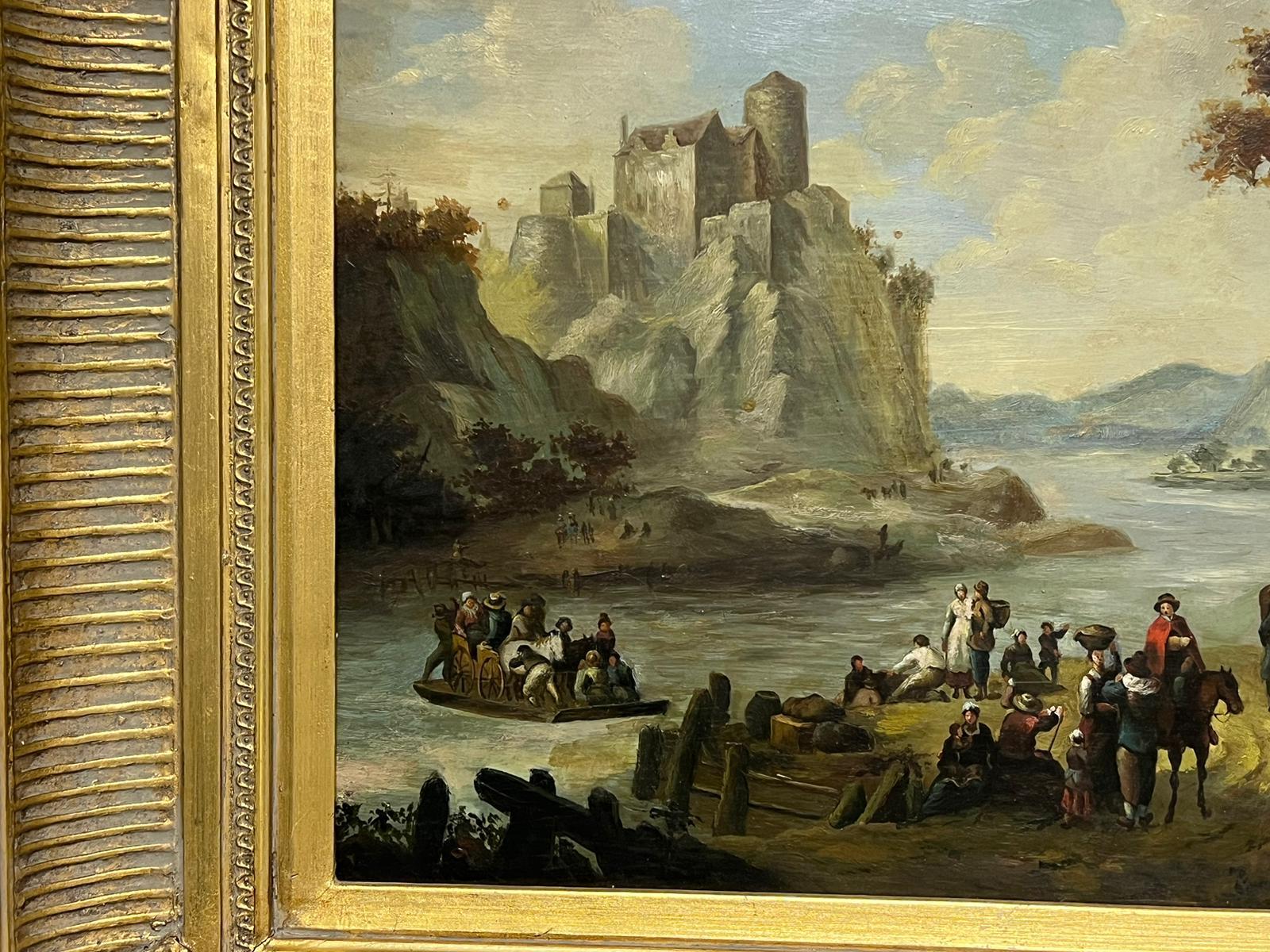 Figures in Ancient Lake Landscape Mountain Scene Flemish Oil Painting on Panel For Sale 3