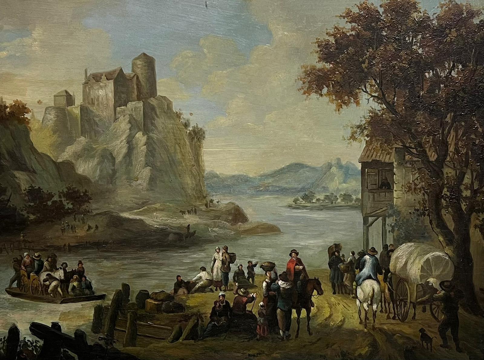 Flemish Baroque Figurative Painting – Figuren in altertümlicher Seelandschaft Berglandschaft Flämisches Ölgemälde auf Tafel