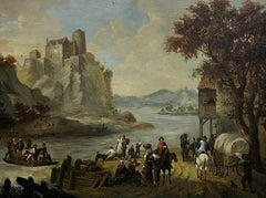 Figures in Ancient Lake Landscape Mountain Scene Flemish Oil Painting on Panel