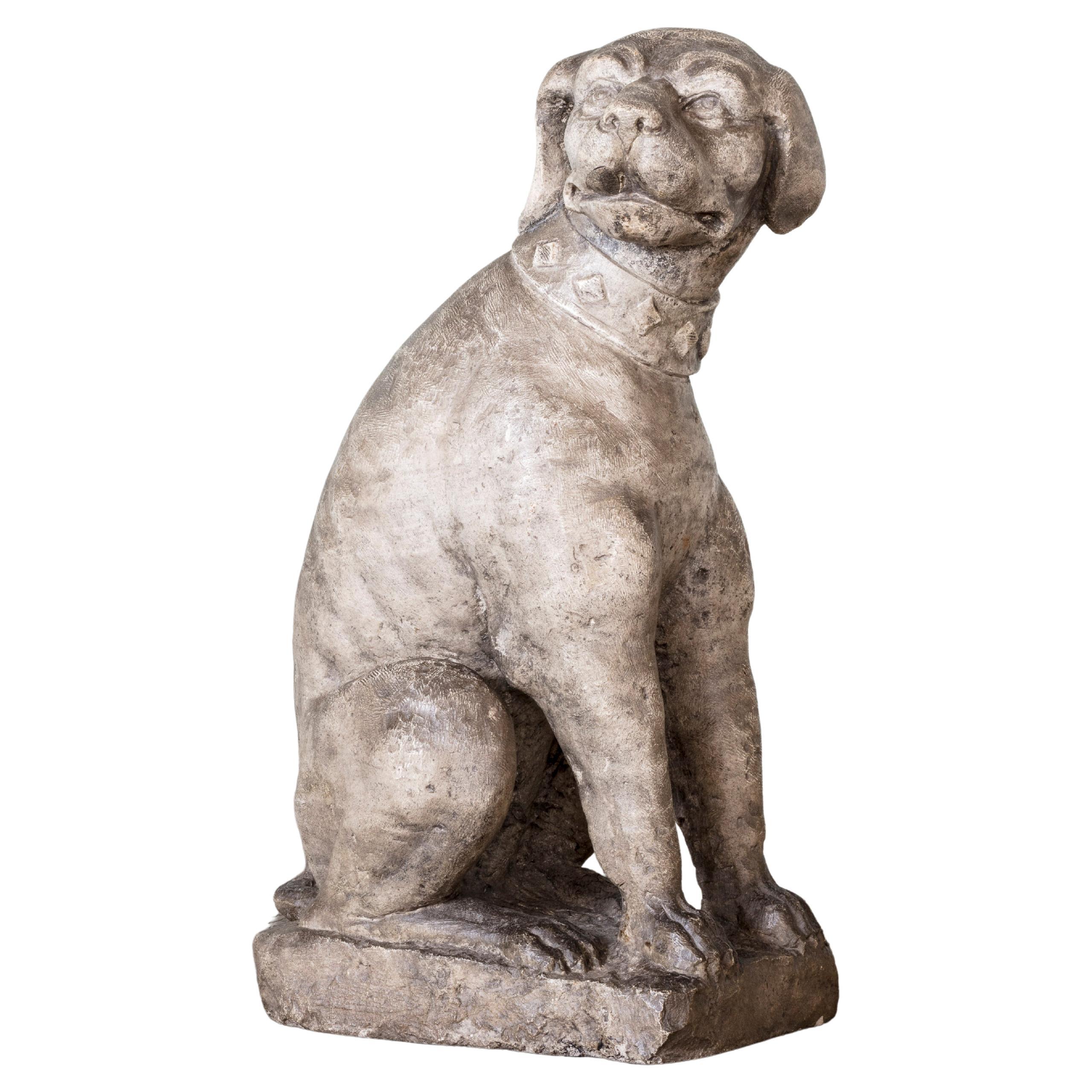 Flemish Carved Limestone Statue of a Seated Dog, 17th Century