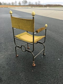 Flemish Curule Armchair in Iron, Brass and Velvet, circa 1900