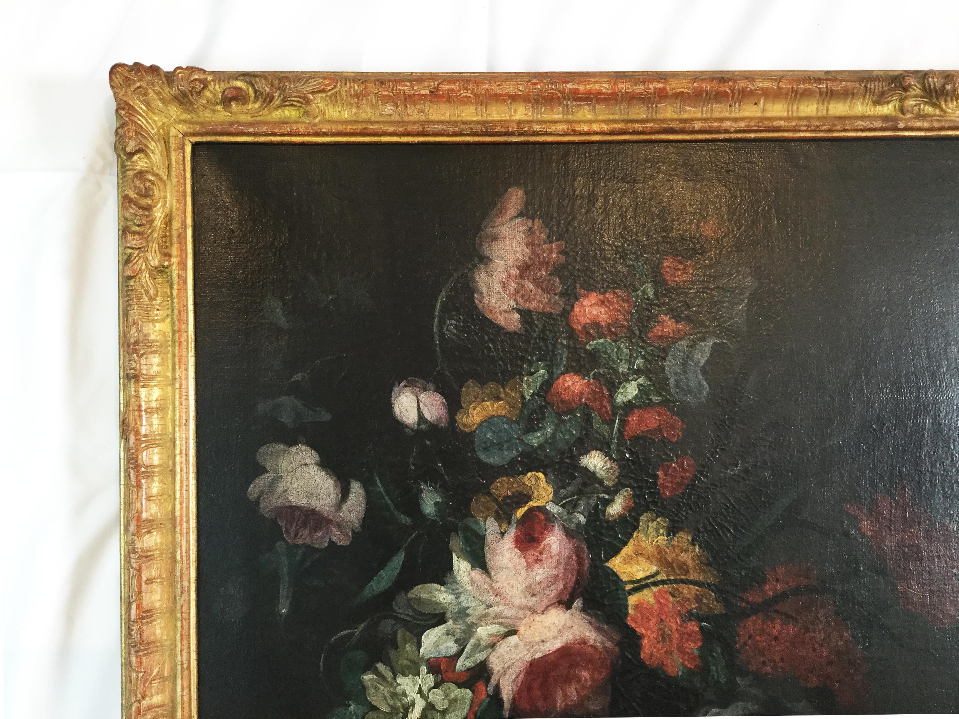 European Flemish Floral Painting in Giltwood Frame