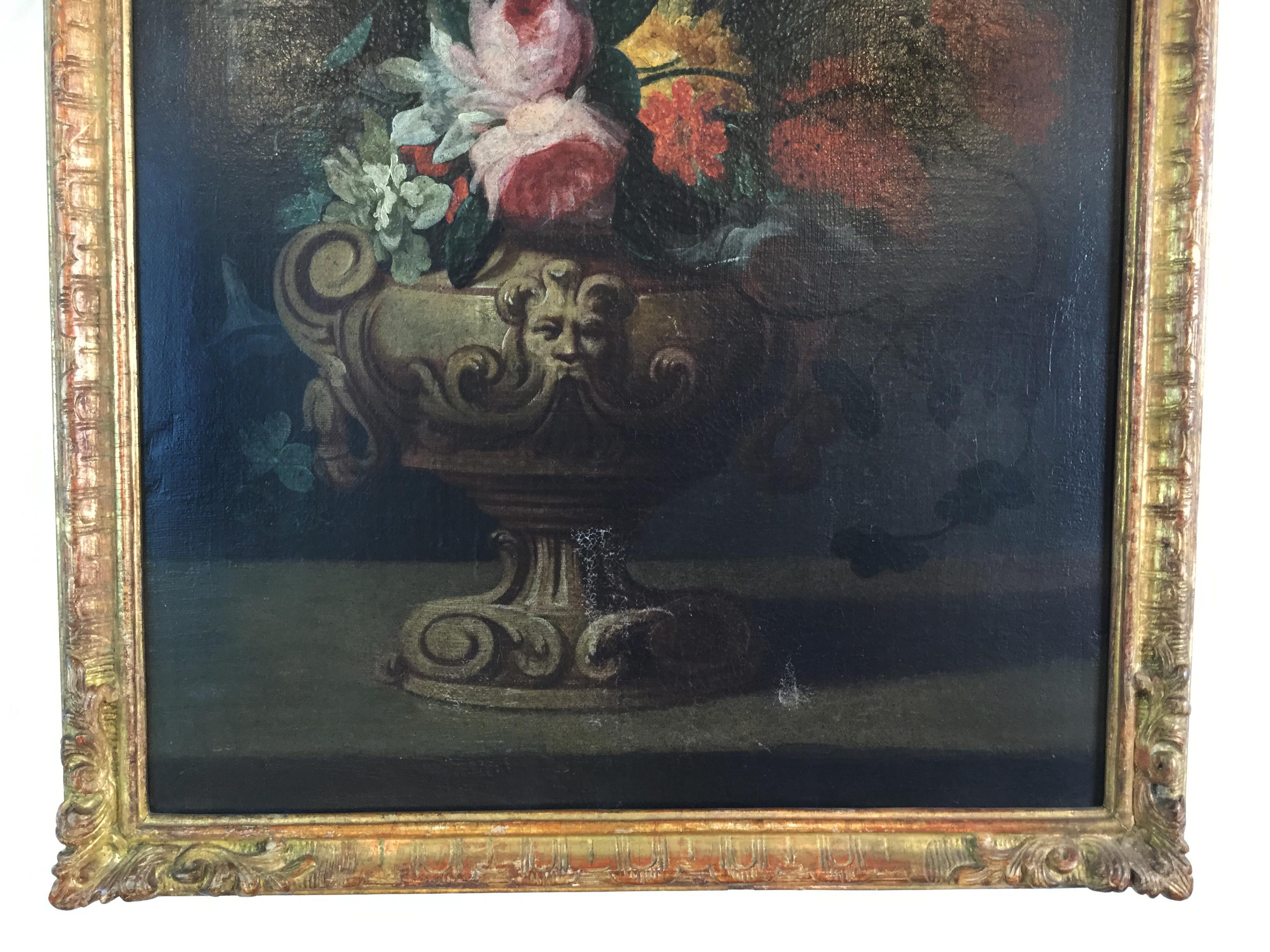 Flemish Floral Painting in Giltwood Frame In Excellent Condition In Lambertville, NJ