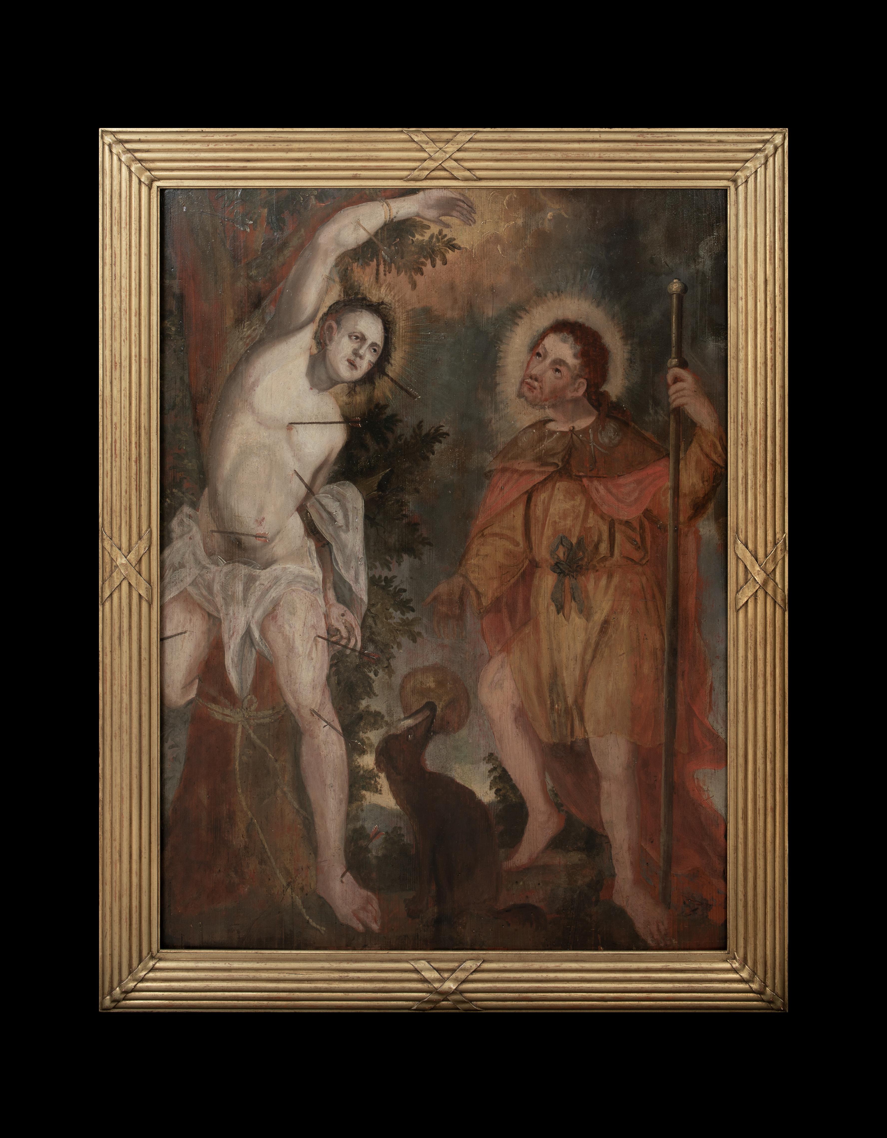 Sankt Sebastian und Sankt Rochus, 16. Jahrhundert

Flämische / Deutsche Schule - Öl auf Tafel

Schöne große Darstellung des Martyriums des Heiligen Sebastian und des Heiligen Rochus aus dem 16. Jahrhundert, Öl auf Tafel. Großes Tafelbild und