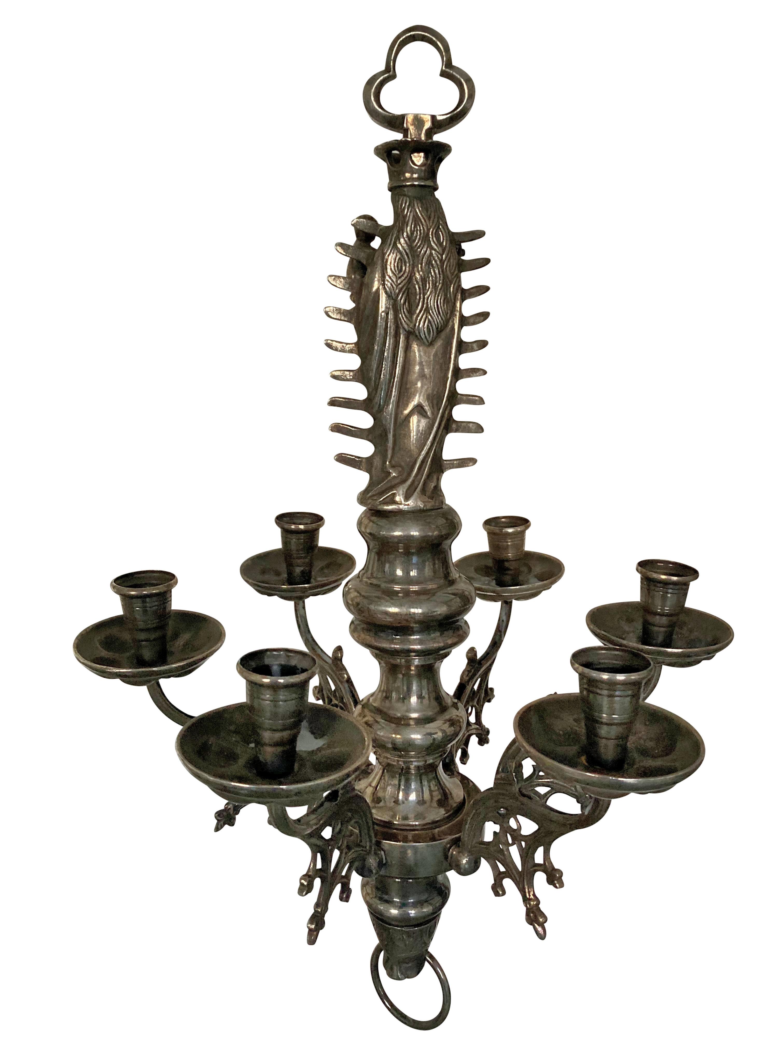 Flemish Gothic Six Light Silver Plated Chandelier In Good Condition For Sale In London, GB