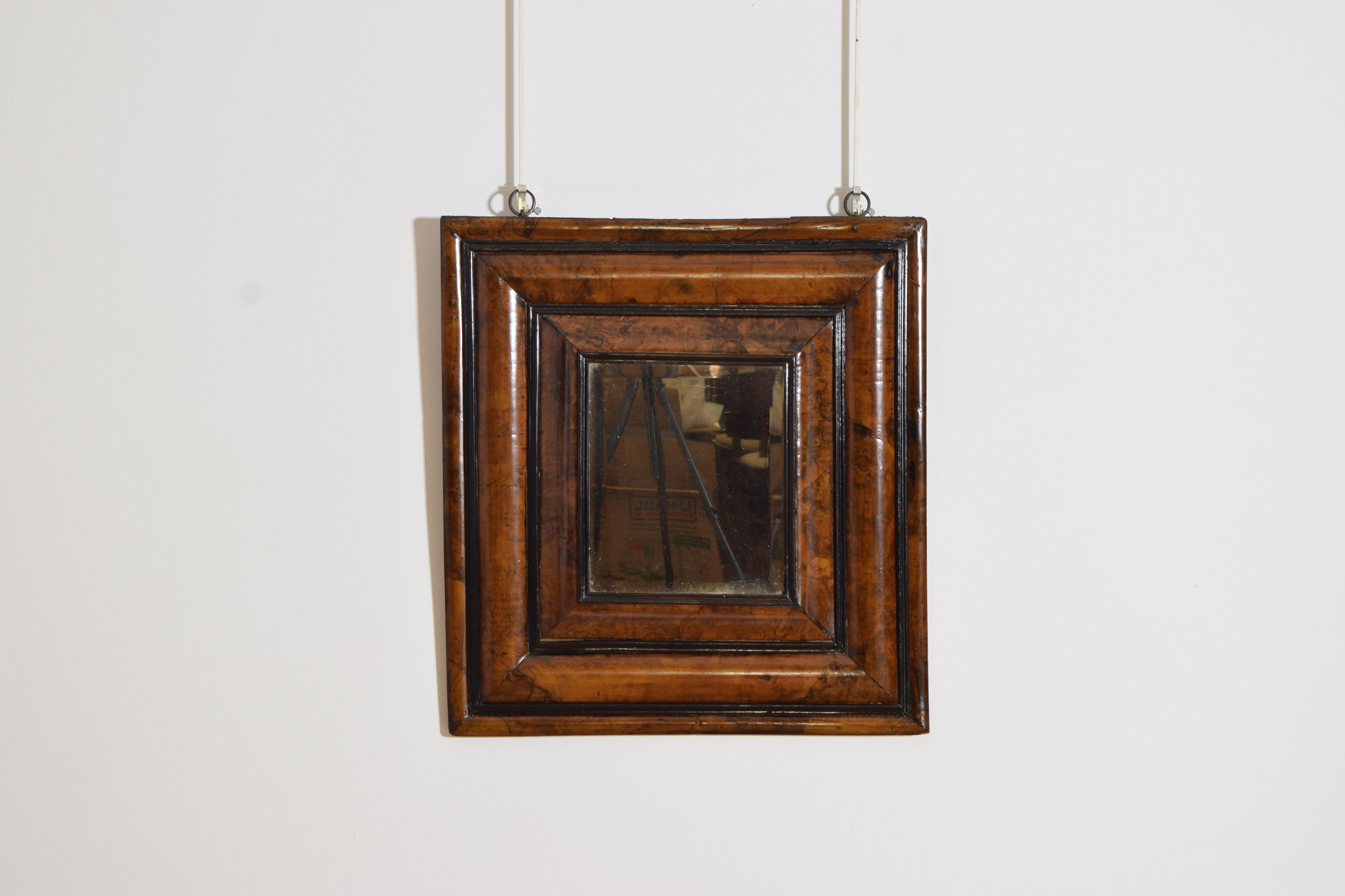 the frame with a series of molded convex (cushion) edges divided by bands of ebonized walnut. retaining antique mirrorplate