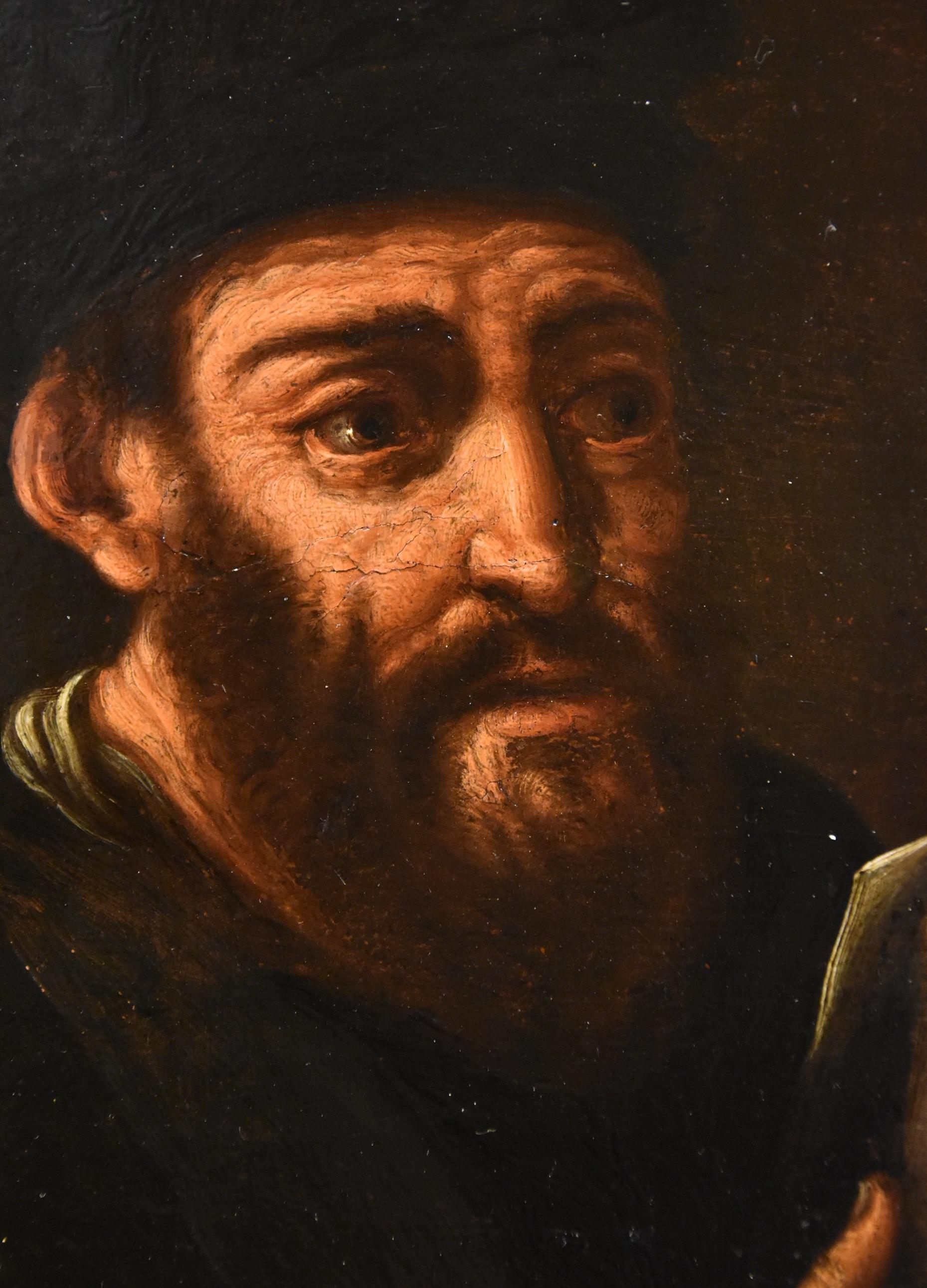 Flemish Mannerism, early 17th century 

Portrait of the alchemist Morieno Romano (Christian alchemist who lived in the 7th century)  

Oil on panel 41 x 33 cm - In antique frame 51 x 43 cm  

The work belongs to a series of three paintings, together