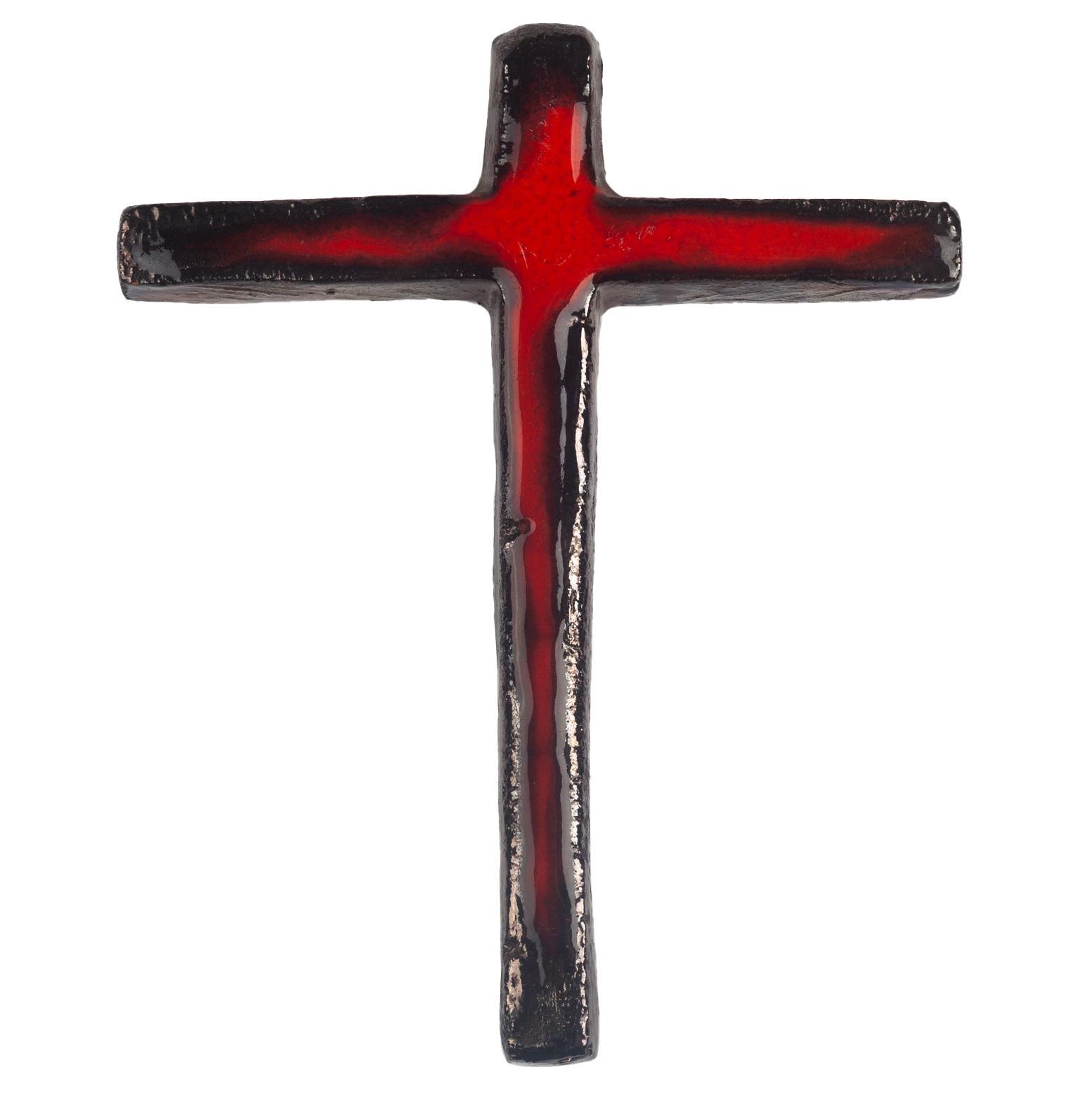 Flemish Midcentury Wall Cross, Red, Black, Glazed Ceramic, Handmade, 1970s For Sale