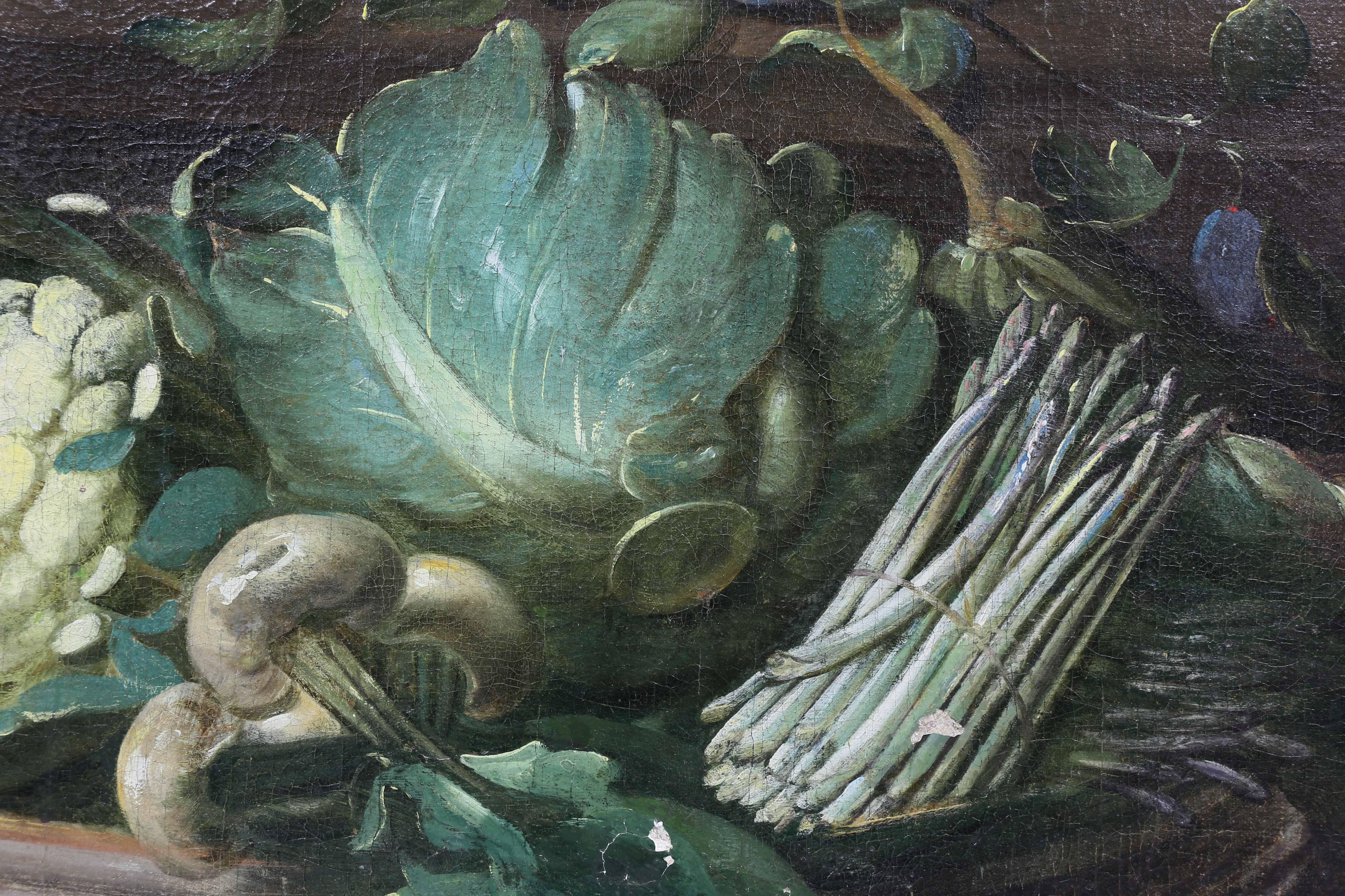 Flemish Oil on Canvas Still Life of Vegetables with Seated Woman 7