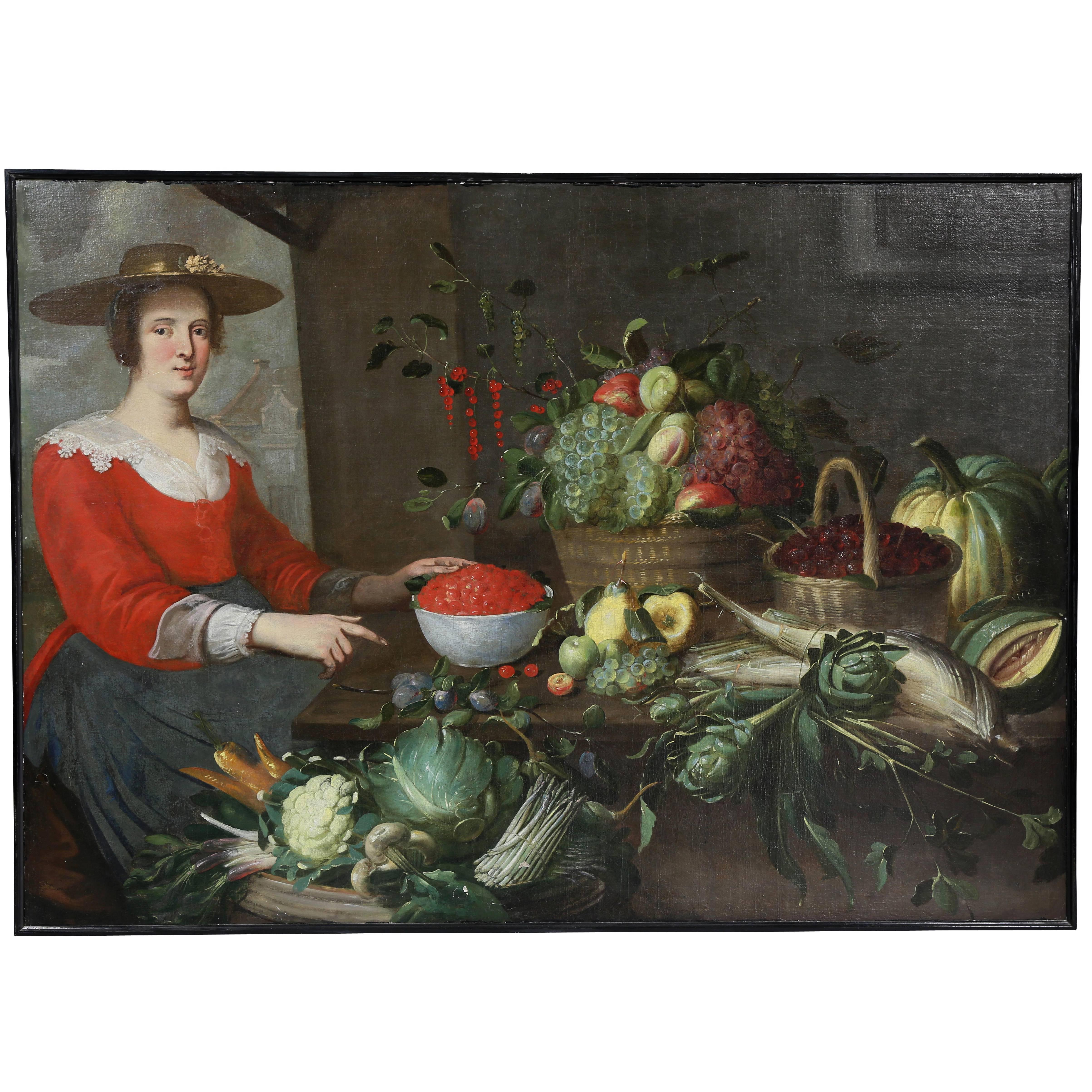 Flemish Oil on Canvas Still Life of Vegetables with Seated Woman