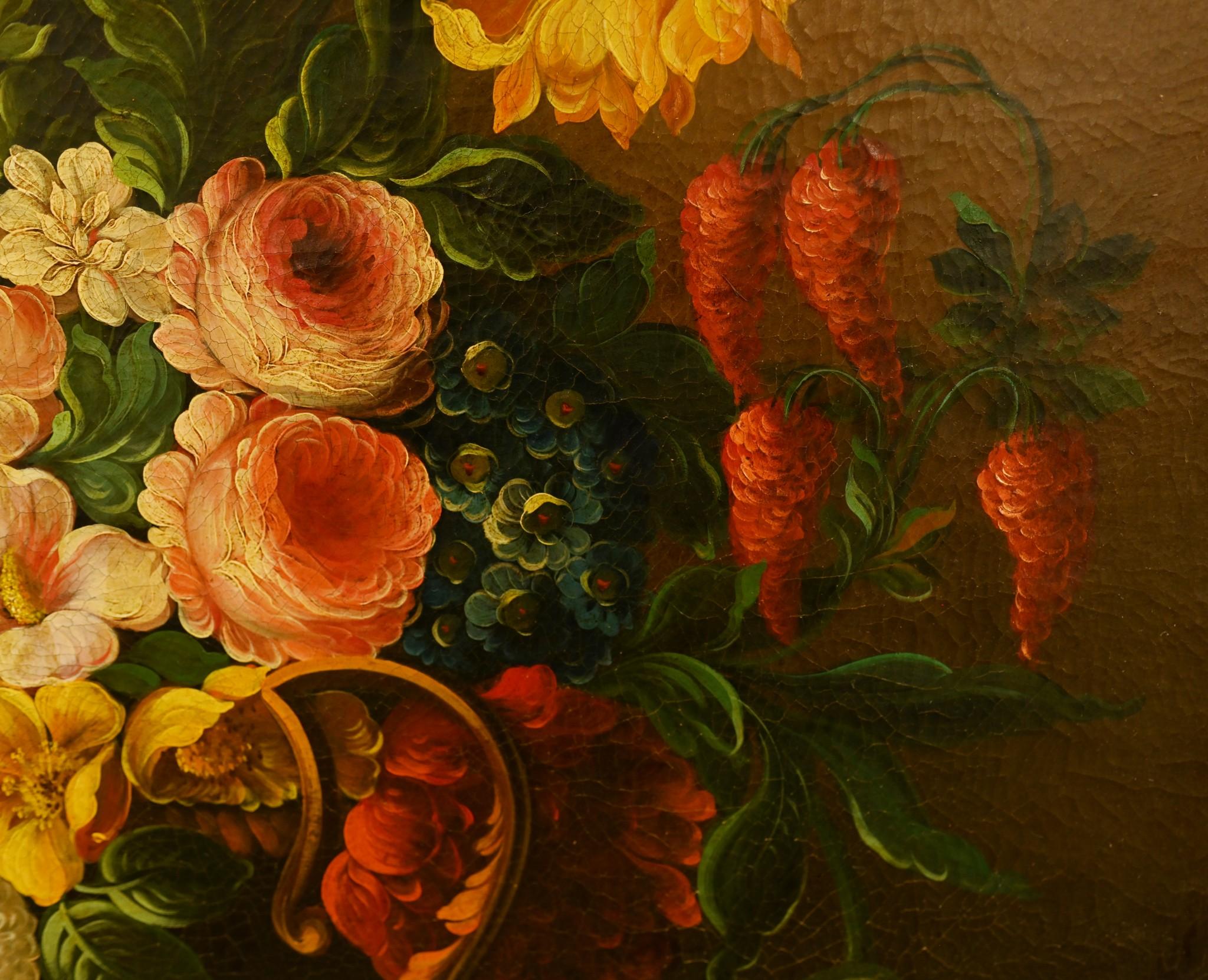 Flemish Oil Painting Floral Still Life Antique Art 1900 For Sale 7
