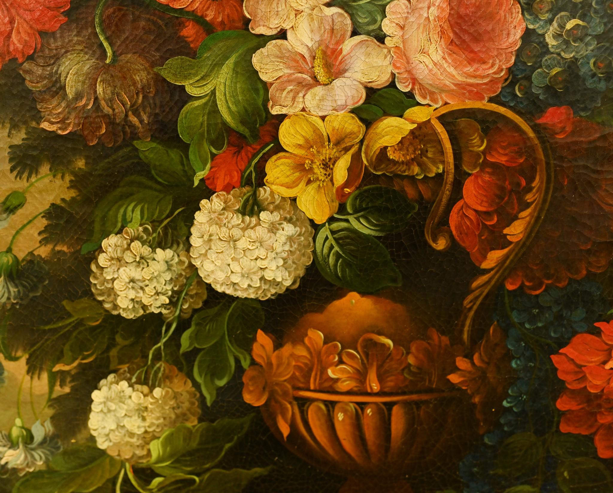 Stunning work of art in the form of an antique Flemish still life Good size at four feet tall - 121 CM
Such a vivid piece with the colourful flowers overflowing from the campana urn
Will add life and vitality to any room
Piece is signed in bottom