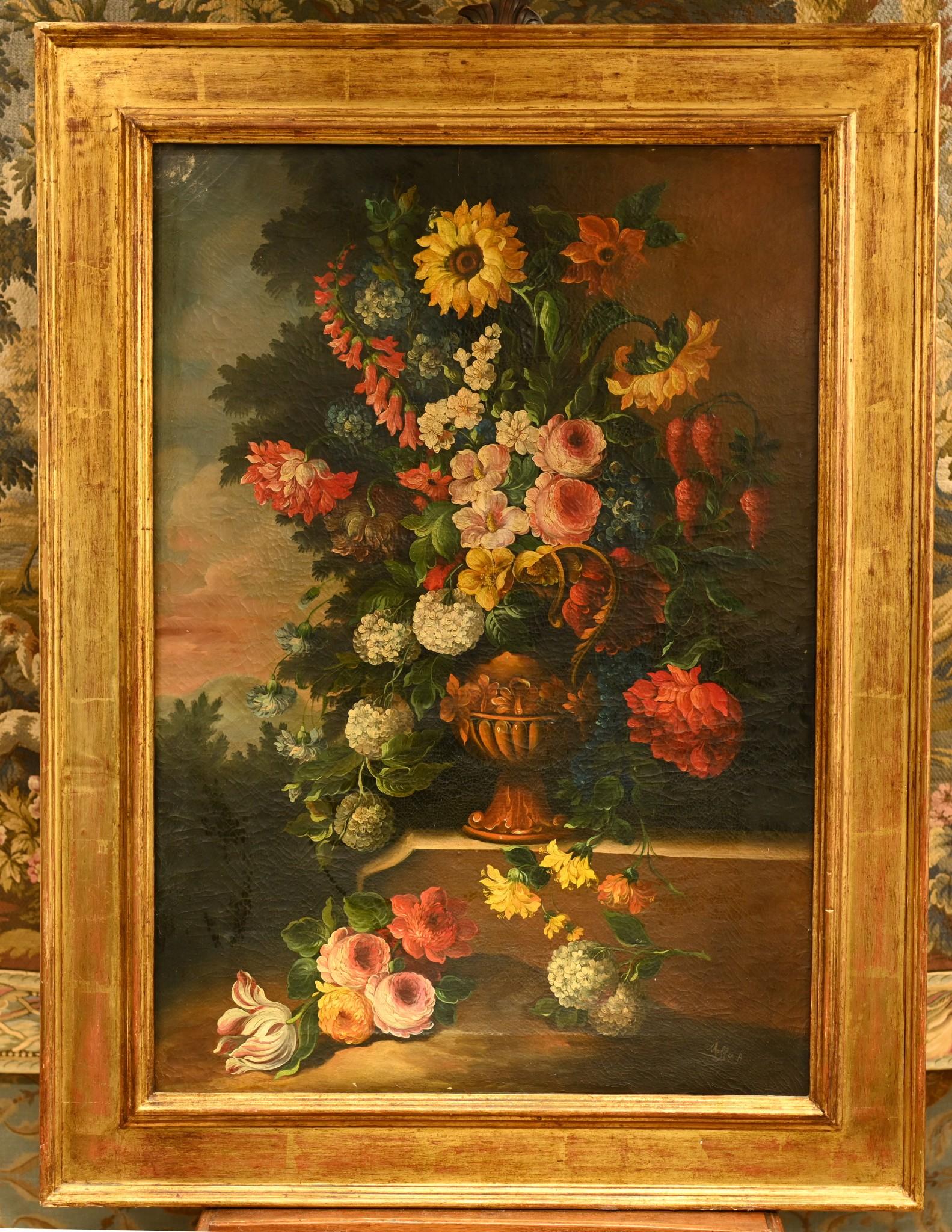 Flemish Oil Painting Floral Still Life Antique Art 1900 In Good Condition For Sale In Potters Bar, GB