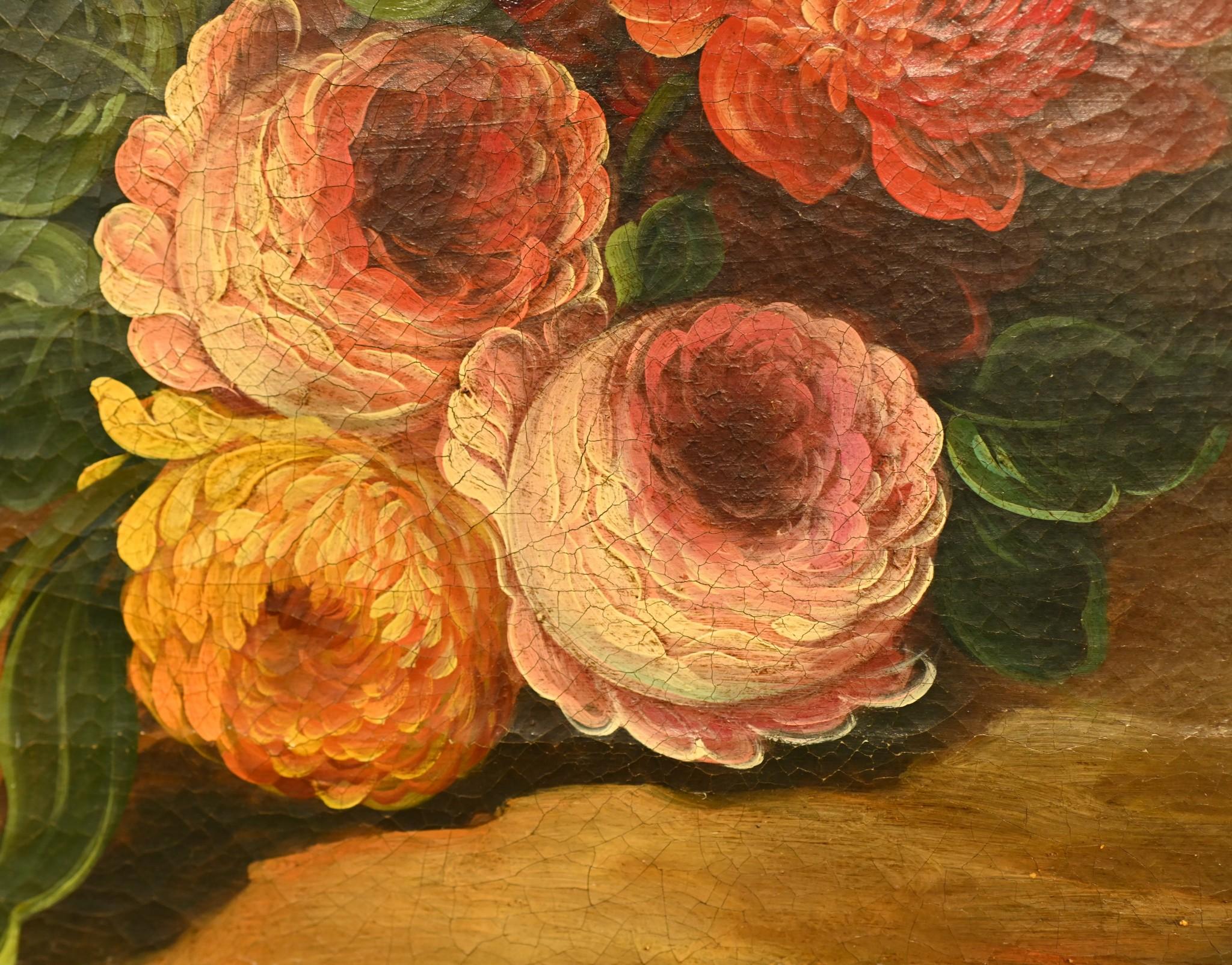 Flämisches Ölgemälde Blumenstillleben Antike Art 1900 im Angebot 3