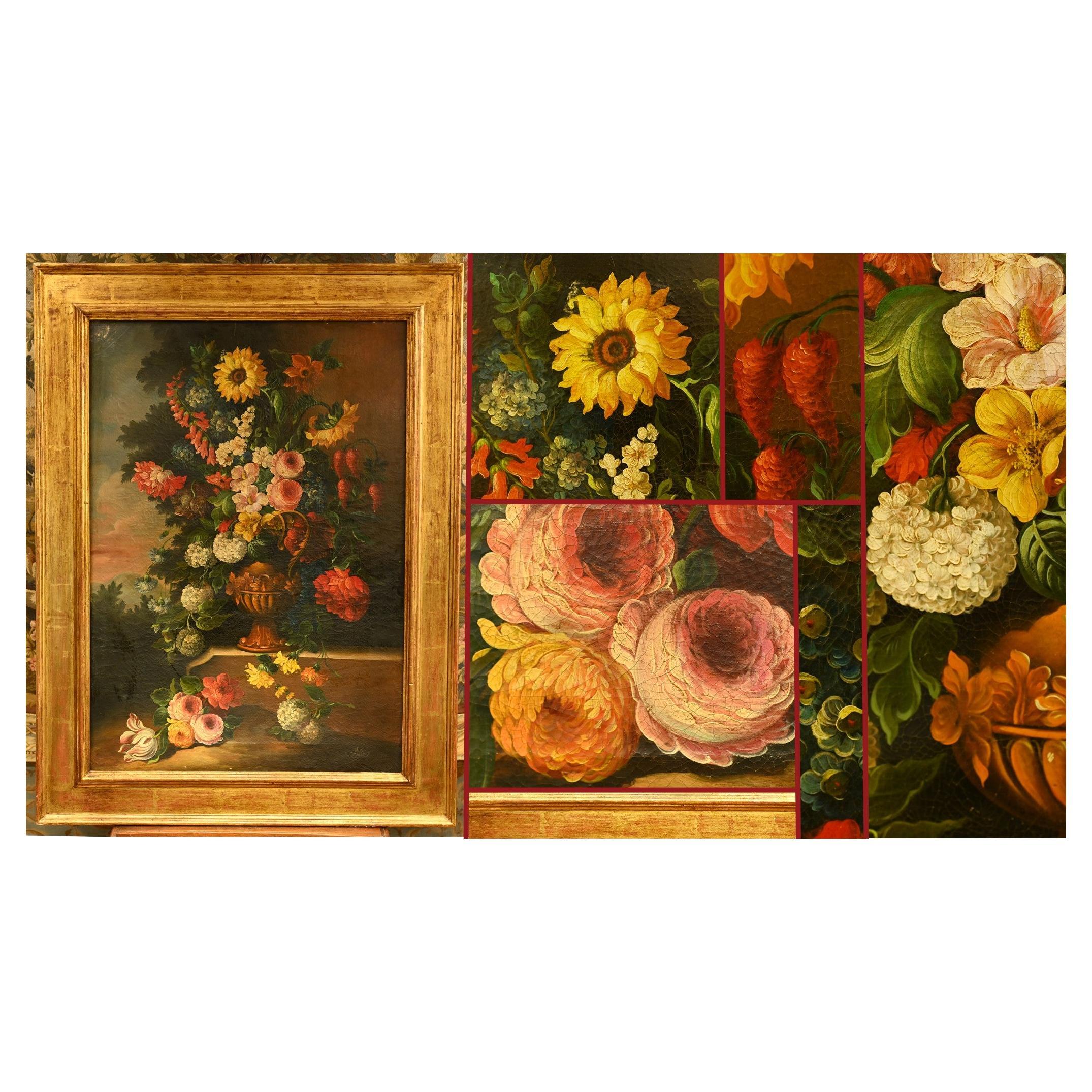 Flemish Oil Painting Floral Still Life Antique Art 1900 For Sale