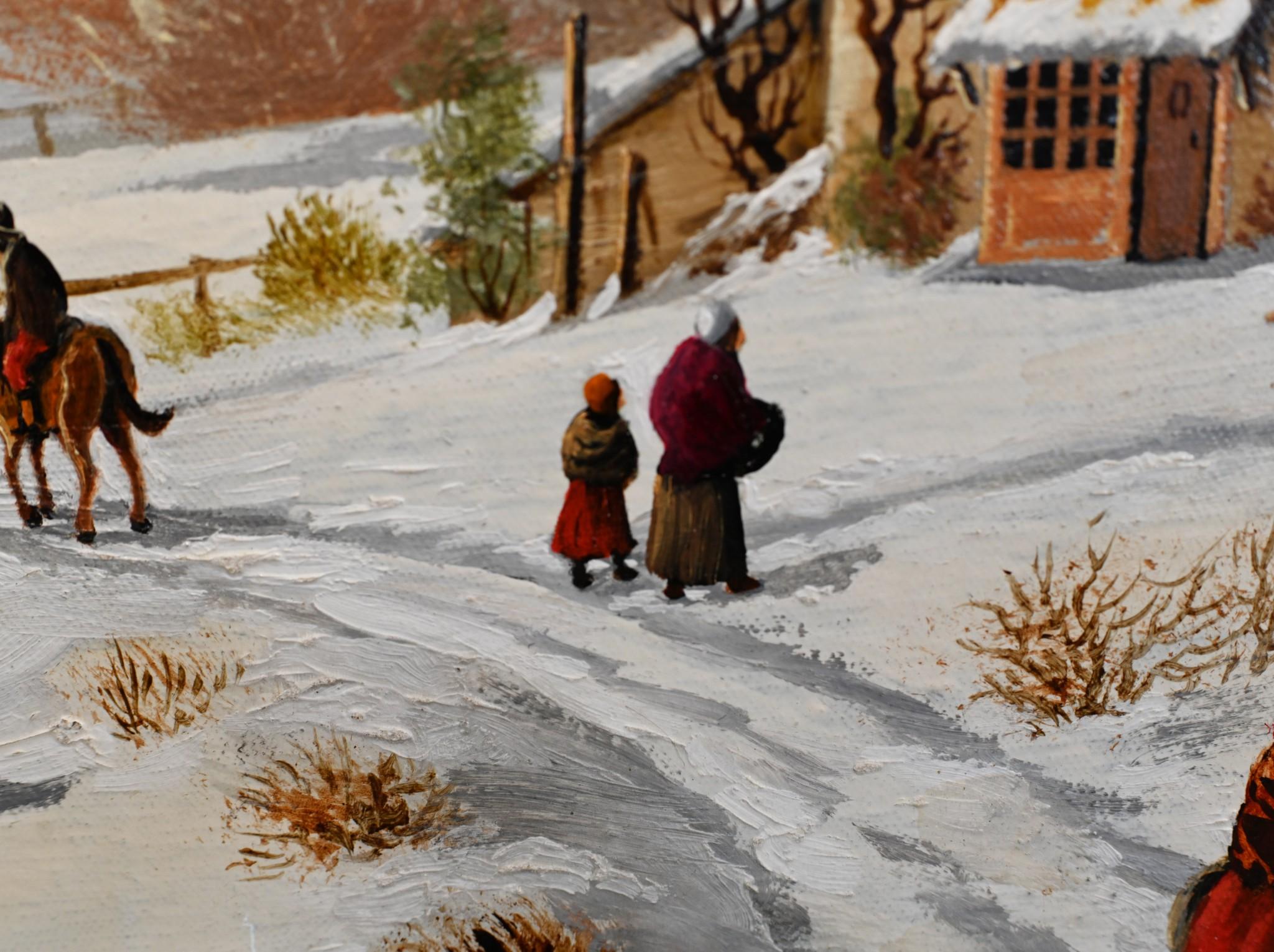 Peinture à l'huile Flemish paysage de neige d'hiver doré en vente 5