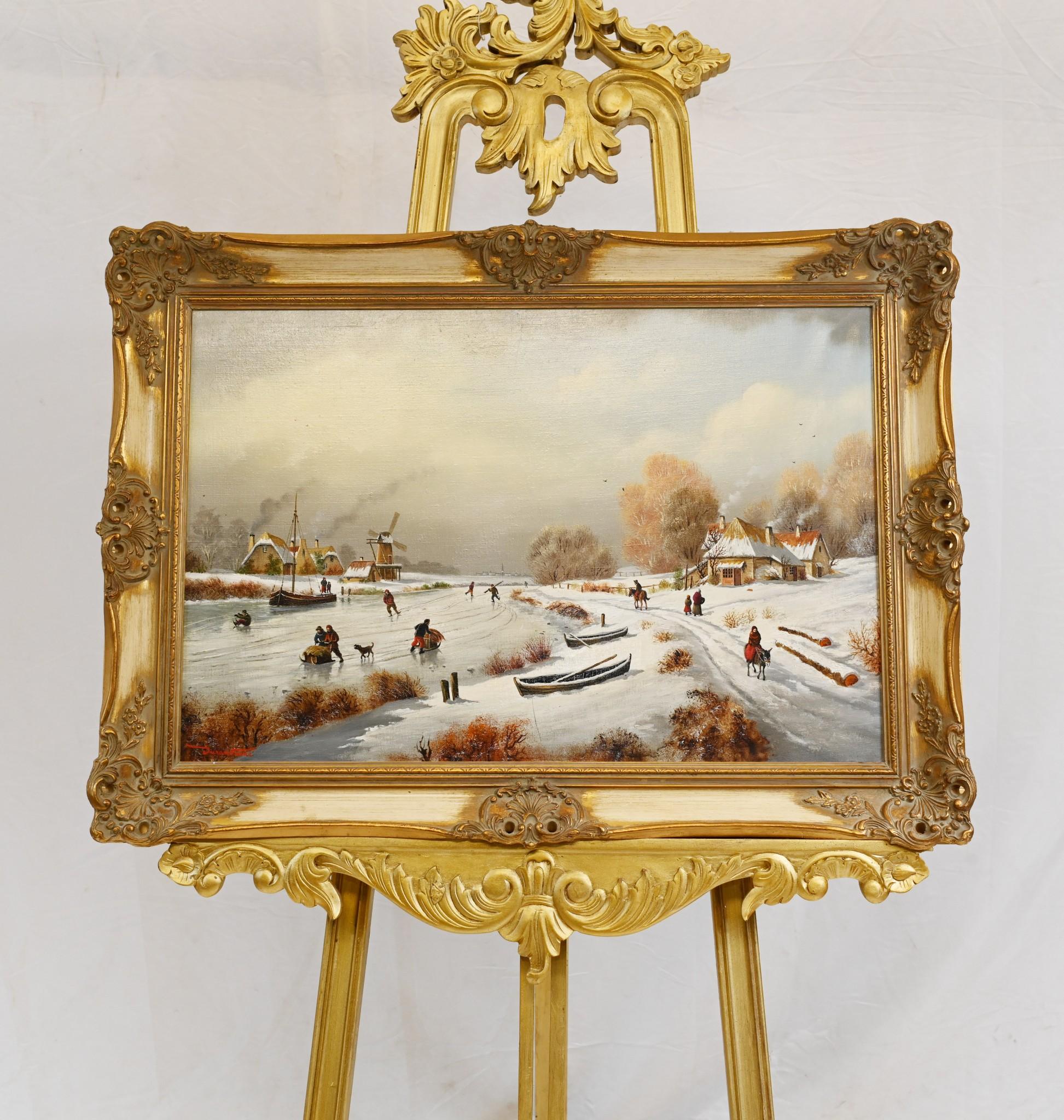 Superbe peinture à l'huile flamande représentant une magnifique scène de neige hivernale
L'artiste a vraiment capturé la scène avec beaucoup d'habileté
La rivière est gelée et des patineurs et des luges la parcourent.
Bien sûr, il y a un moulin à