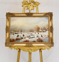 Flemish Oil Painting Winter Snow Landscape Gilt