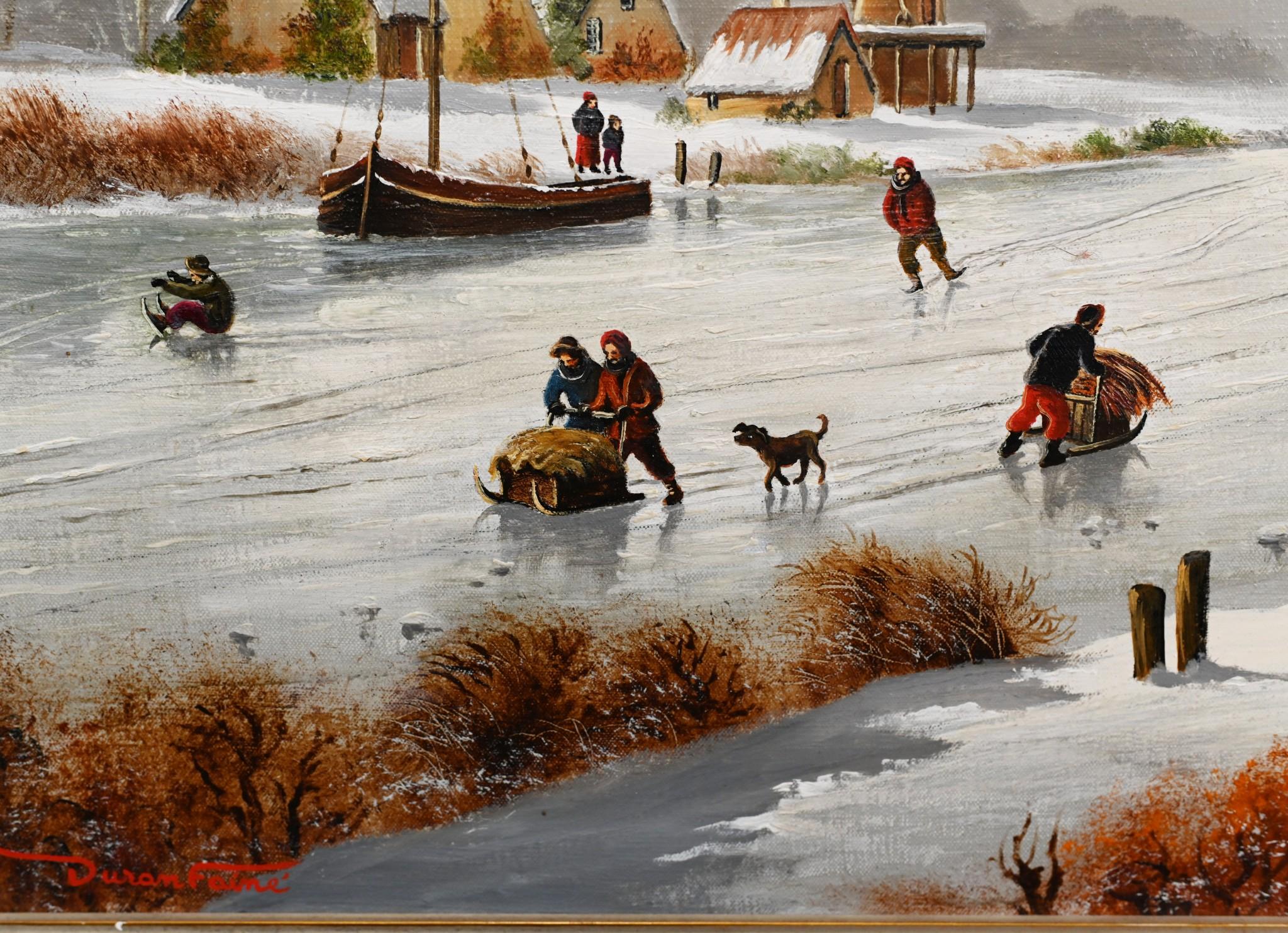 Flemish Oil Painting Winter Snow Landscape Gilt In Good Condition For Sale In Potters Bar, GB