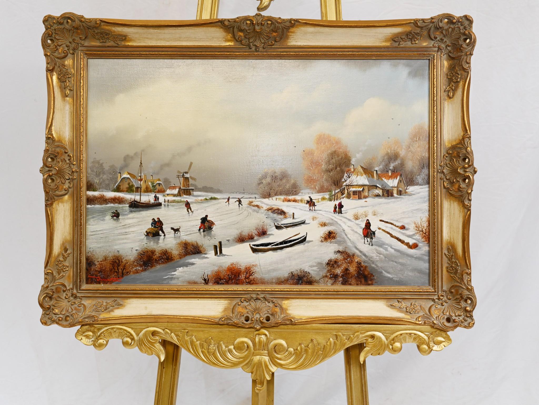 Toile Peinture à l'huile Flemish paysage de neige d'hiver doré en vente