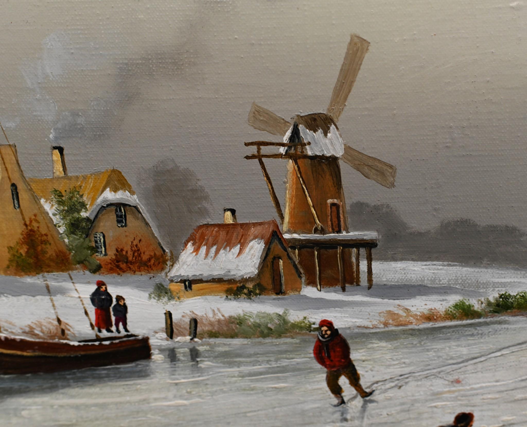 Peinture à l'huile Flemish paysage de neige d'hiver doré en vente 1