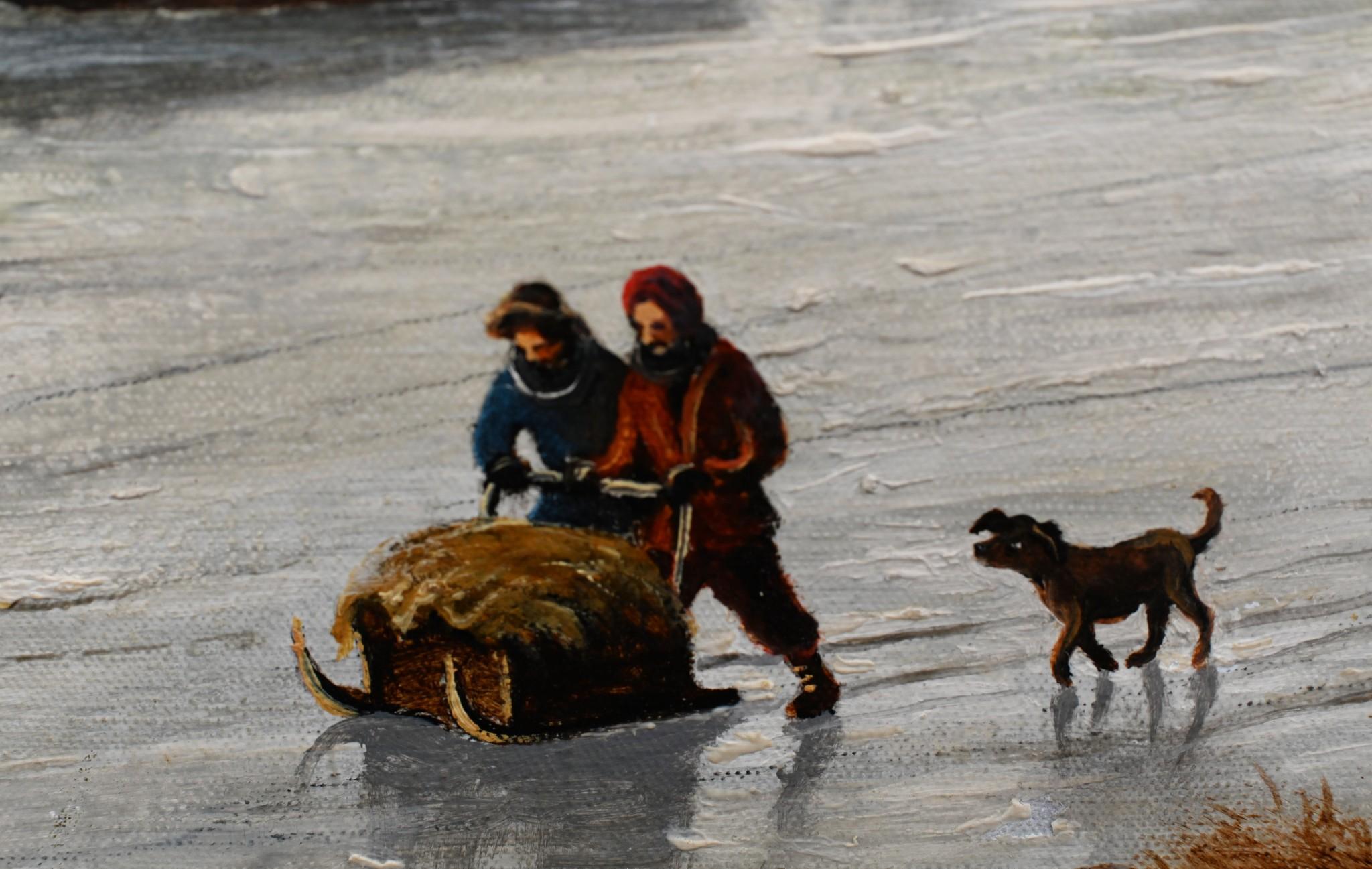 Peinture à l'huile Flemish paysage de neige d'hiver doré en vente 2