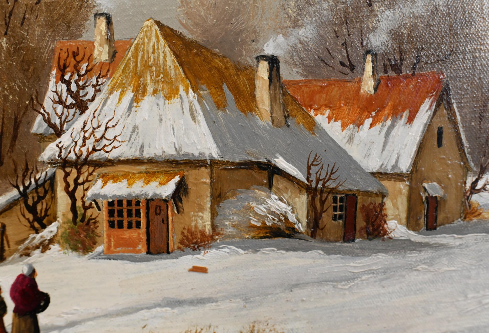 Flemish Oil Painting Winter Snow Landscape Gilt For Sale 3