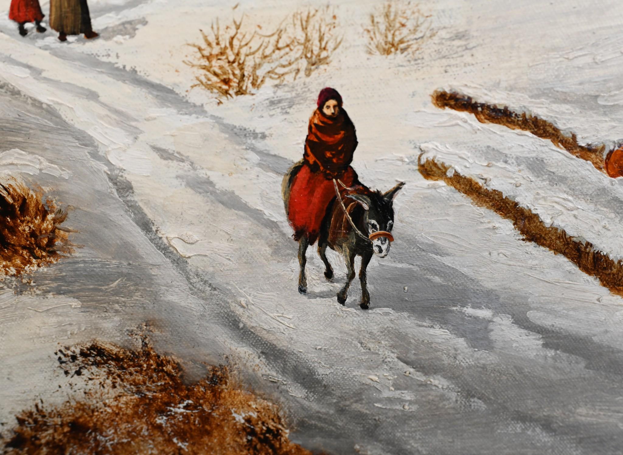 Peinture à l'huile Flemish paysage de neige d'hiver doré en vente 4