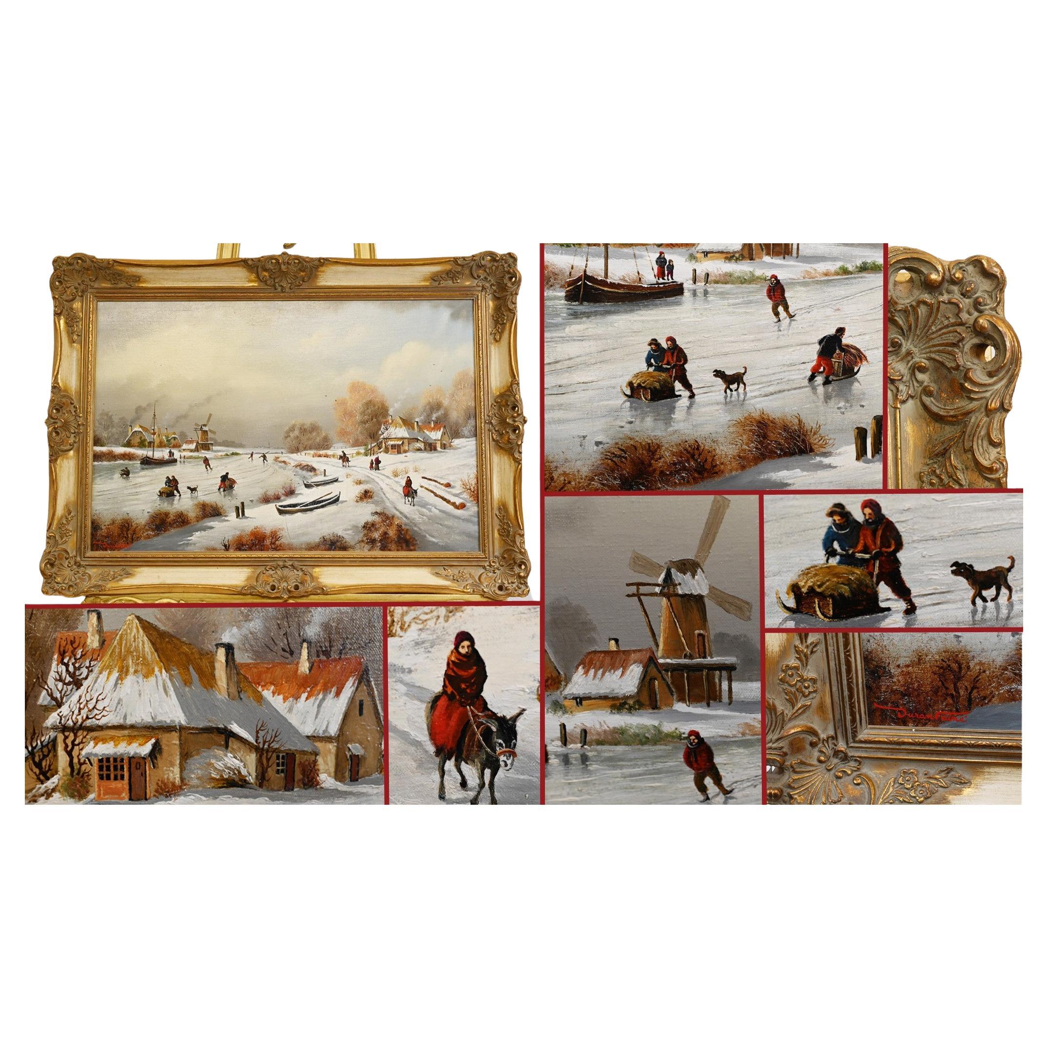 Flemish Oil Painting Winter Snow Landscape Gilt For Sale