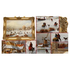 Vintage Flemish Oil Painting Winter Snow Landscape Gilt