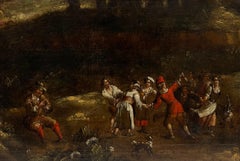 17th Century Flemish Old Master Dancing Figures Musicians Antique Oil Painting
