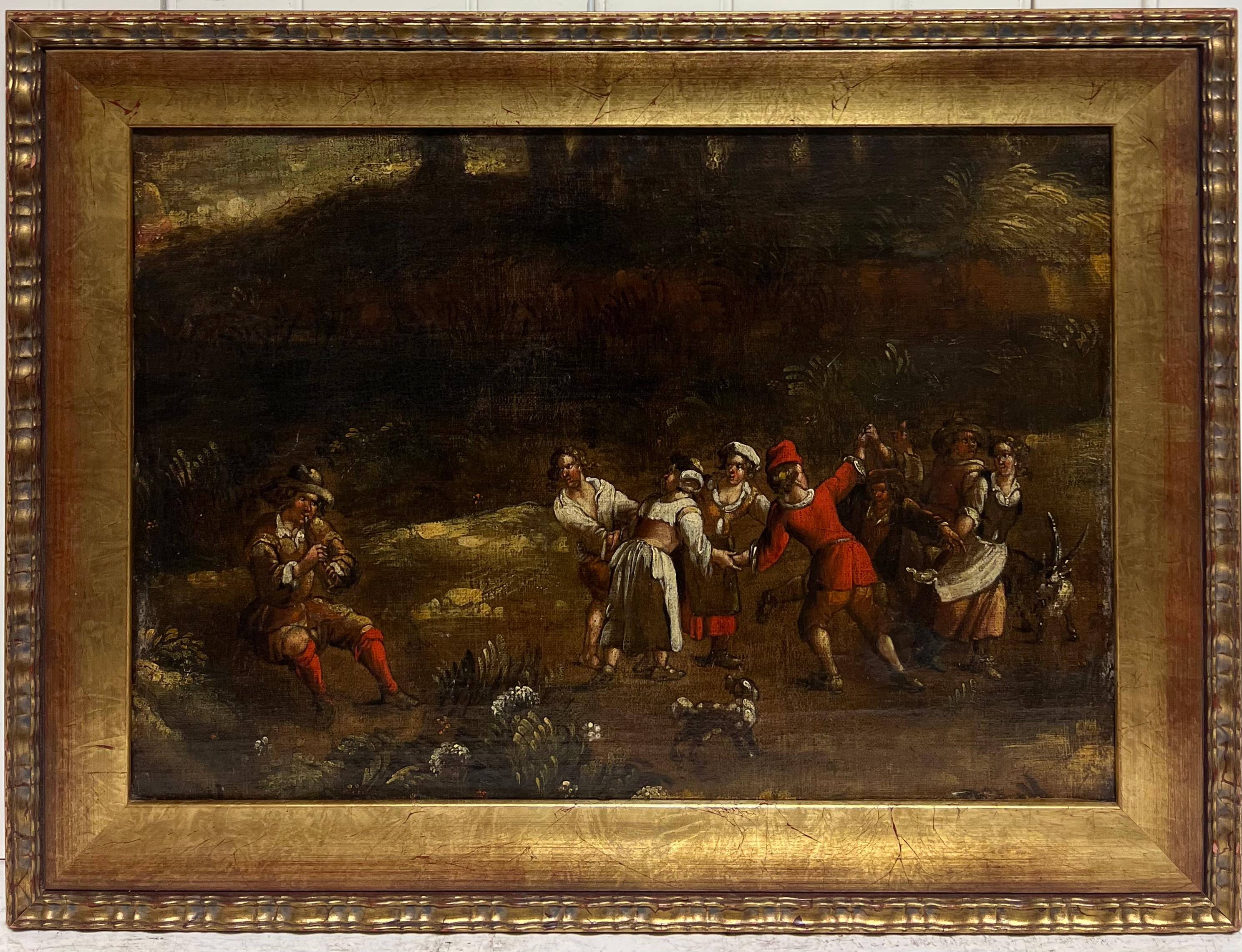17th Century Flemish Old Master Dancing Figures Musicians Antique Oil Painting For Sale 2