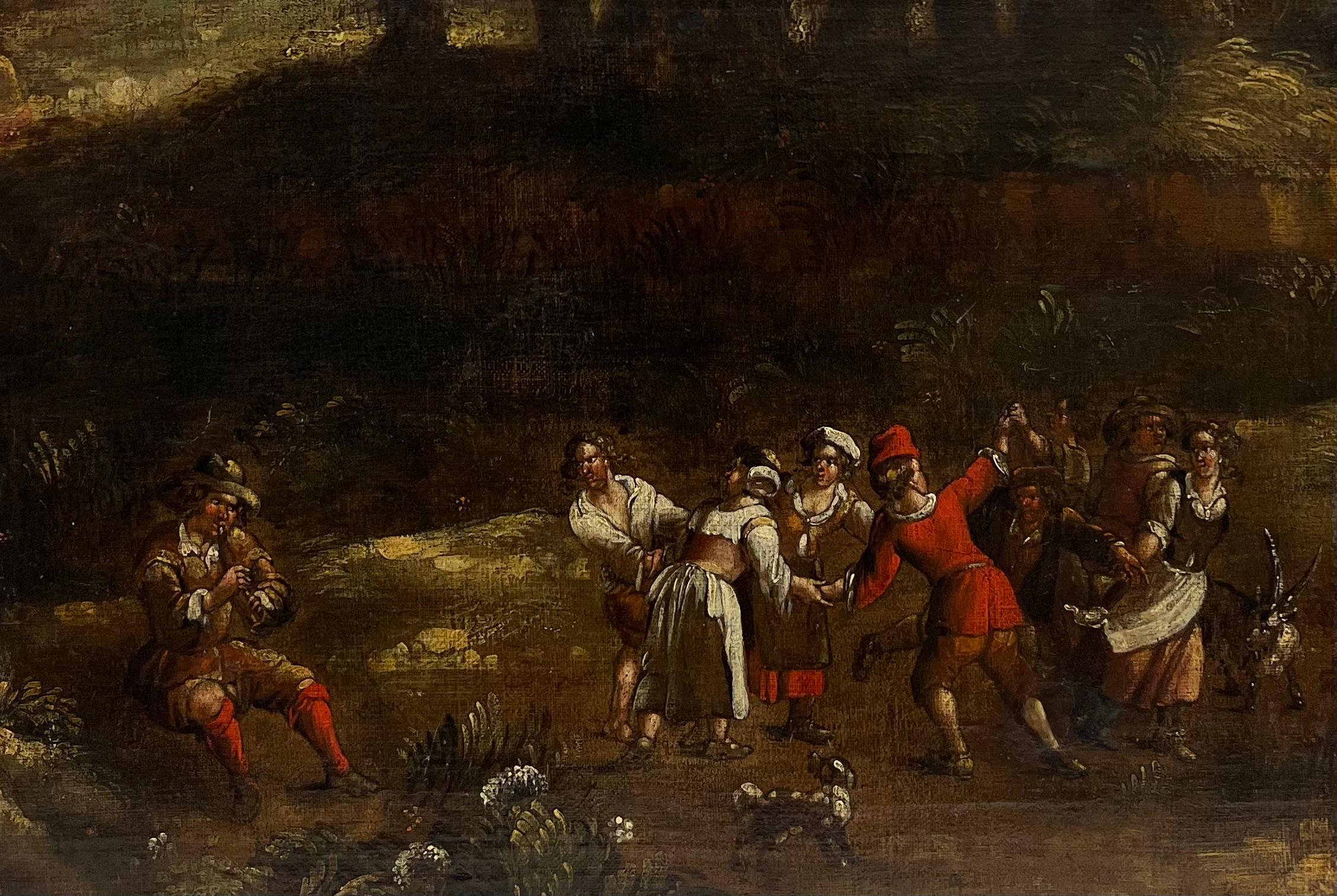 17th Century Flemish Old Master Dancing Figures Musicians Antique Oil Painting For Sale 3