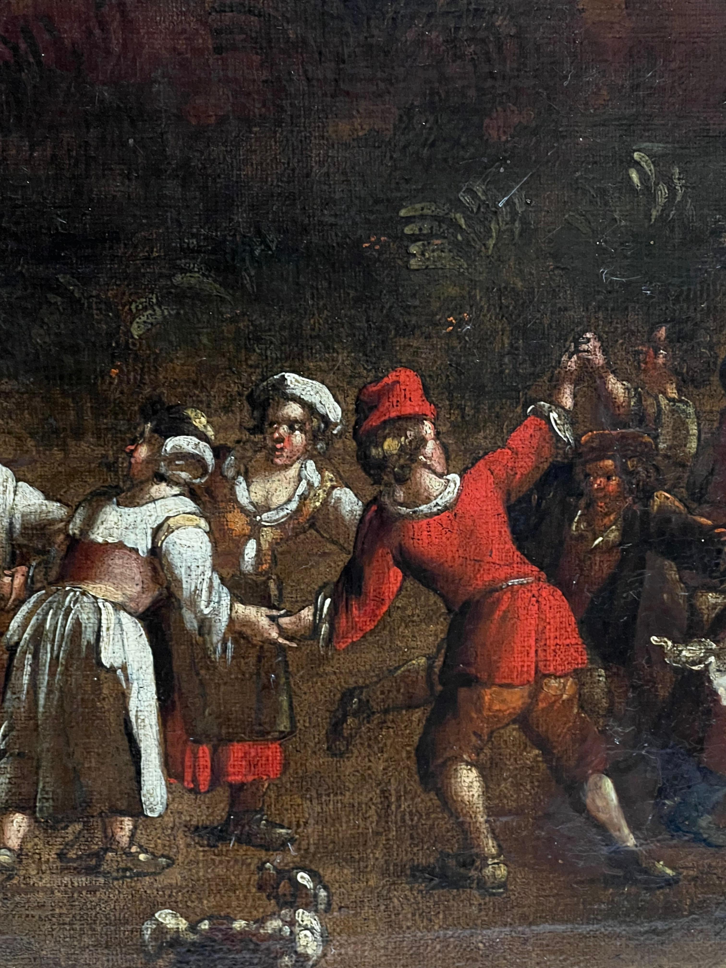 17th Century Flemish Old Master Dancing Figures Musicians Antique Oil Painting For Sale 4