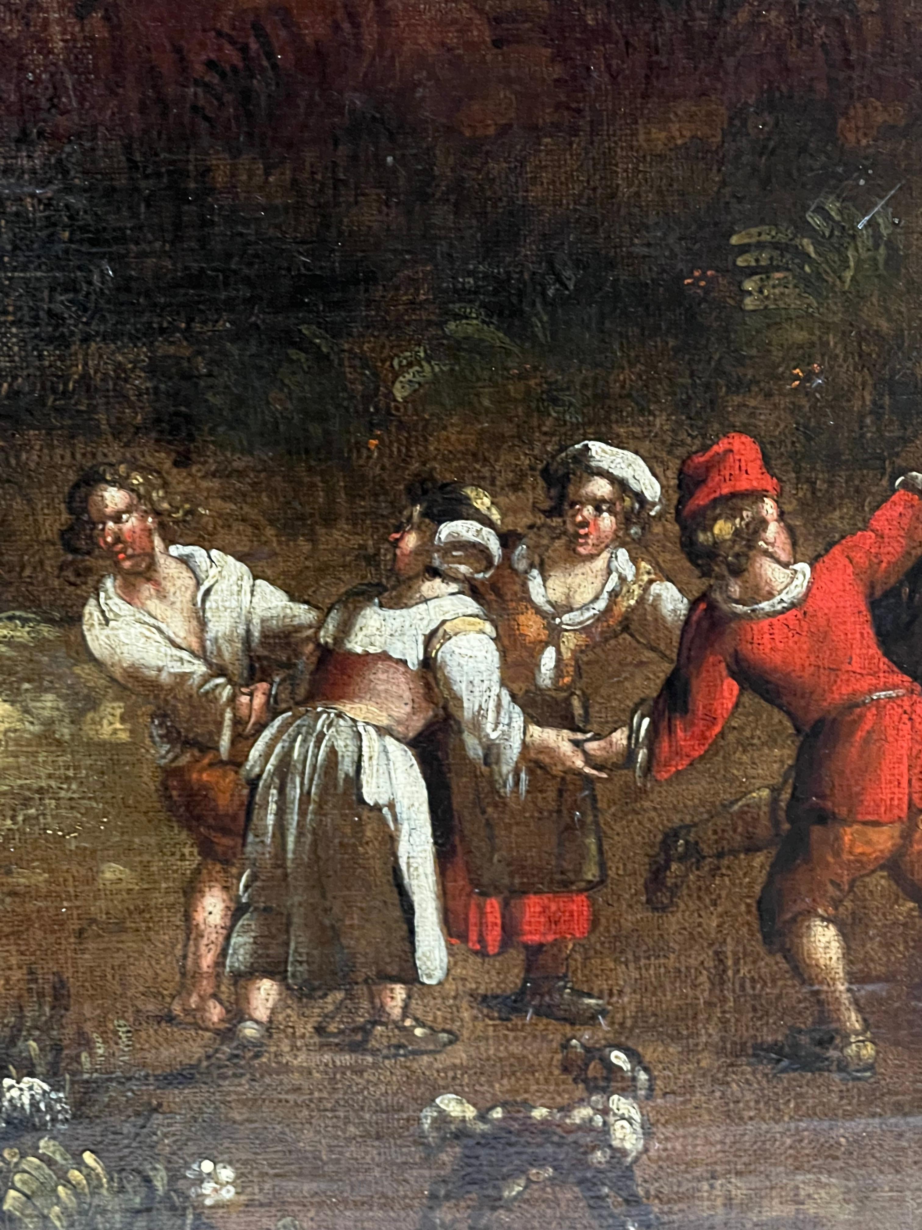 17th Century Flemish Old Master Dancing Figures Musicians Antique Oil Painting For Sale 8