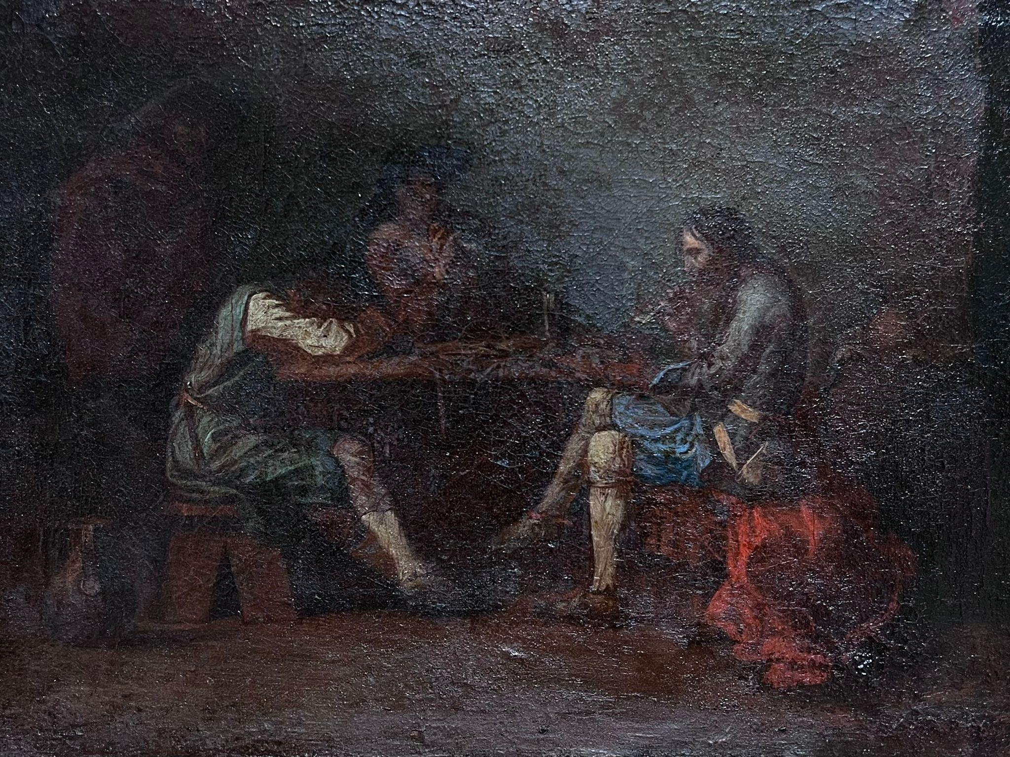 17th Century Flemish Old Master Oil Tavern Interior Drinkers Sloped over Tables For Sale 1
