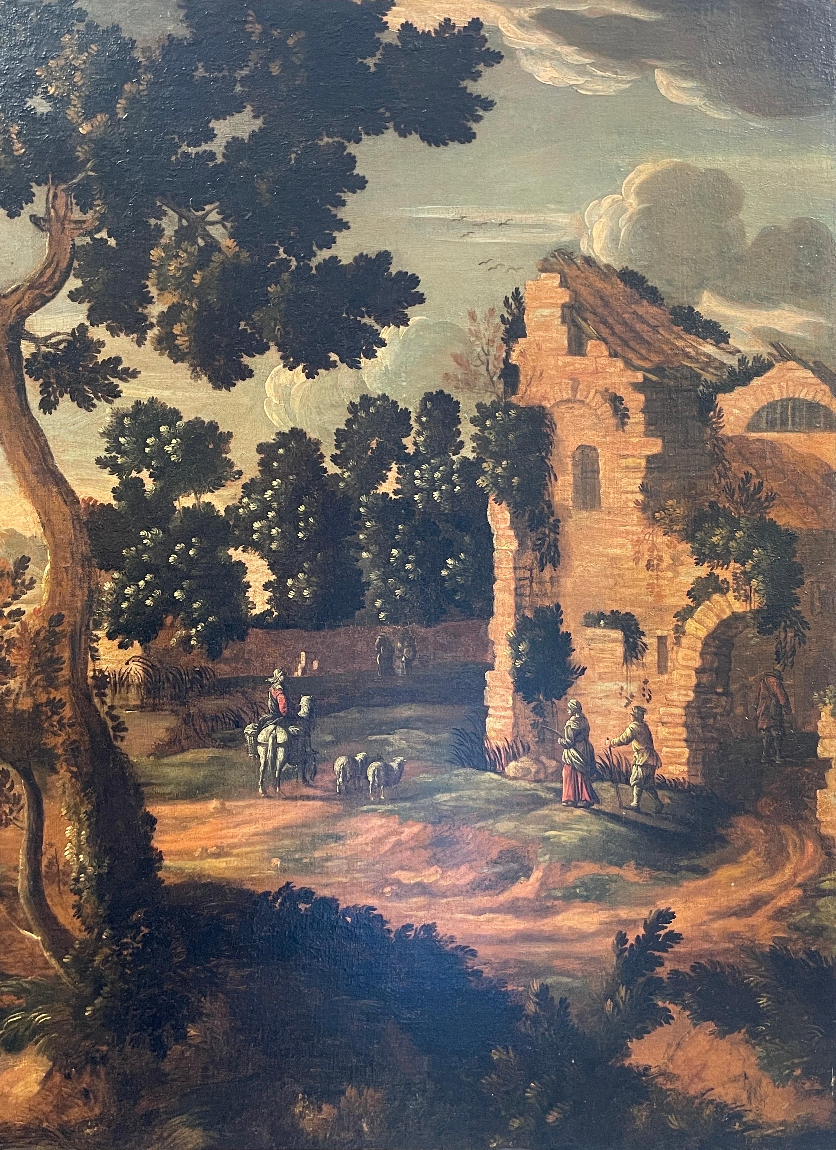 Huge 17th Century Flemish Old Master Oil Painting Villagers in Open Landscape 8