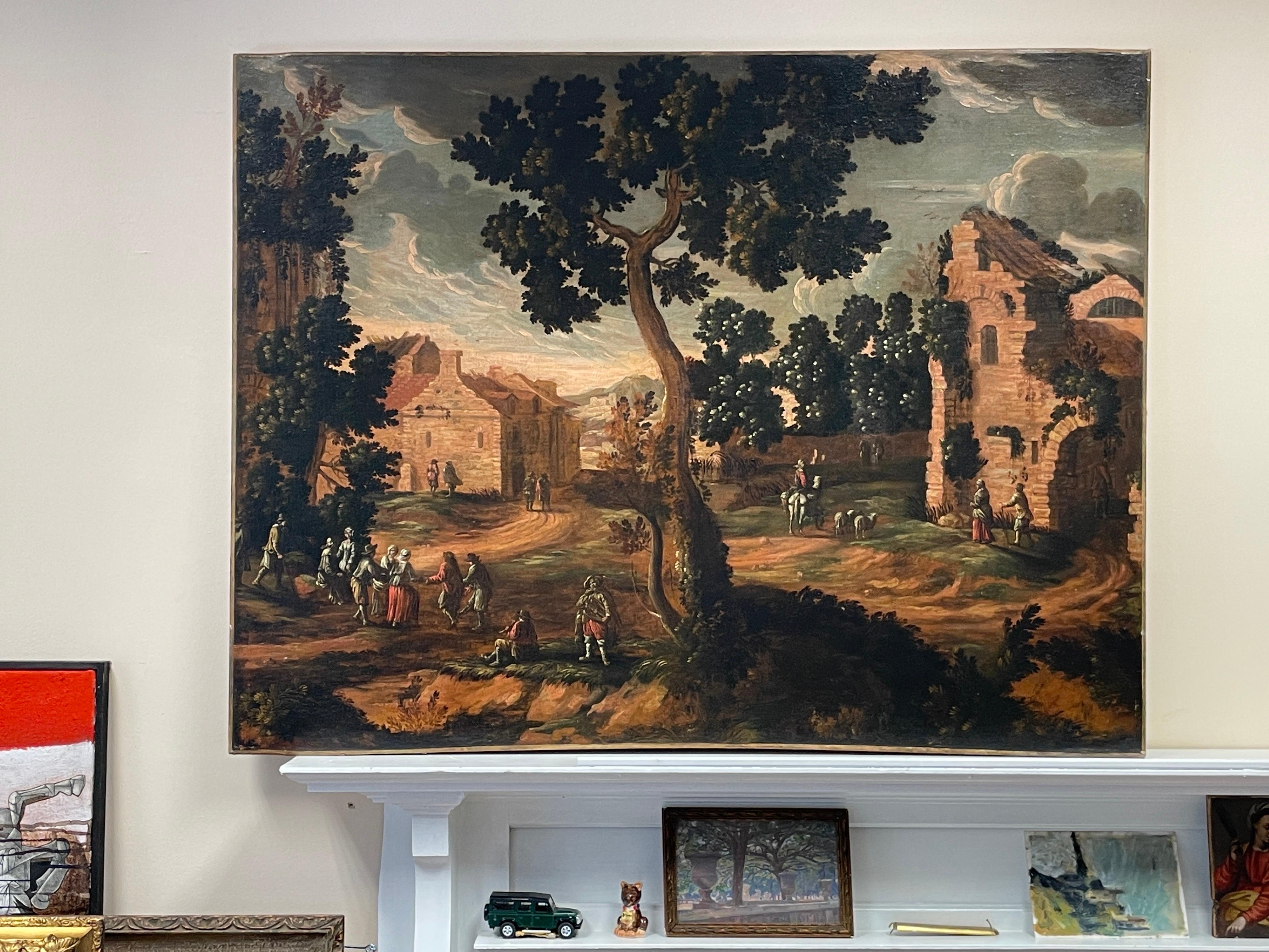 Villagers in a large Landscape
Flemish School, 17th century
oil painting on canvas, unframed
size: 37.5 x 49 inches
condition: restored and relined to a very good standard. The work is completely presentable and ready for its new home. 

A very