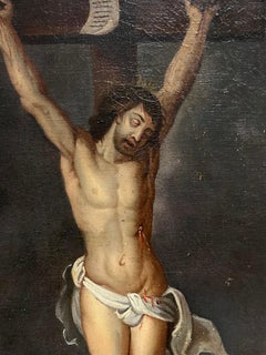 Large 18th Century Flemish Old Master Oil Painting Christ on the Cross Crucifix